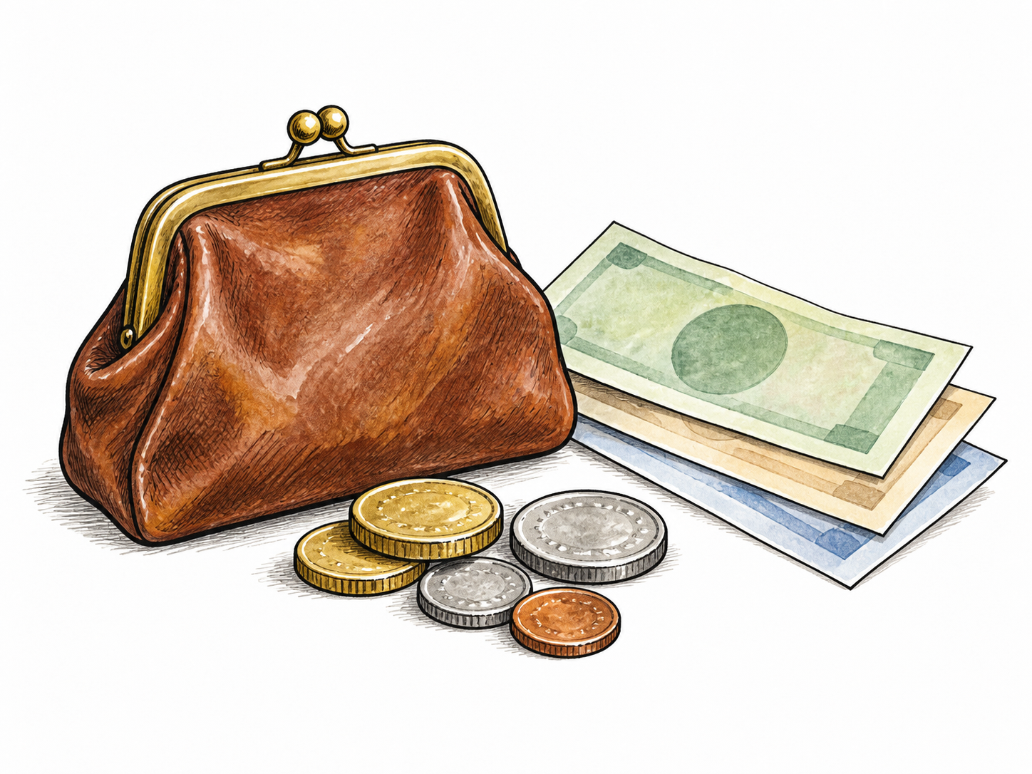 A small group of coins and plain banknotes beside a purse, familiar exchangeable currency without brands, portrait likenesses or readable denomination text.