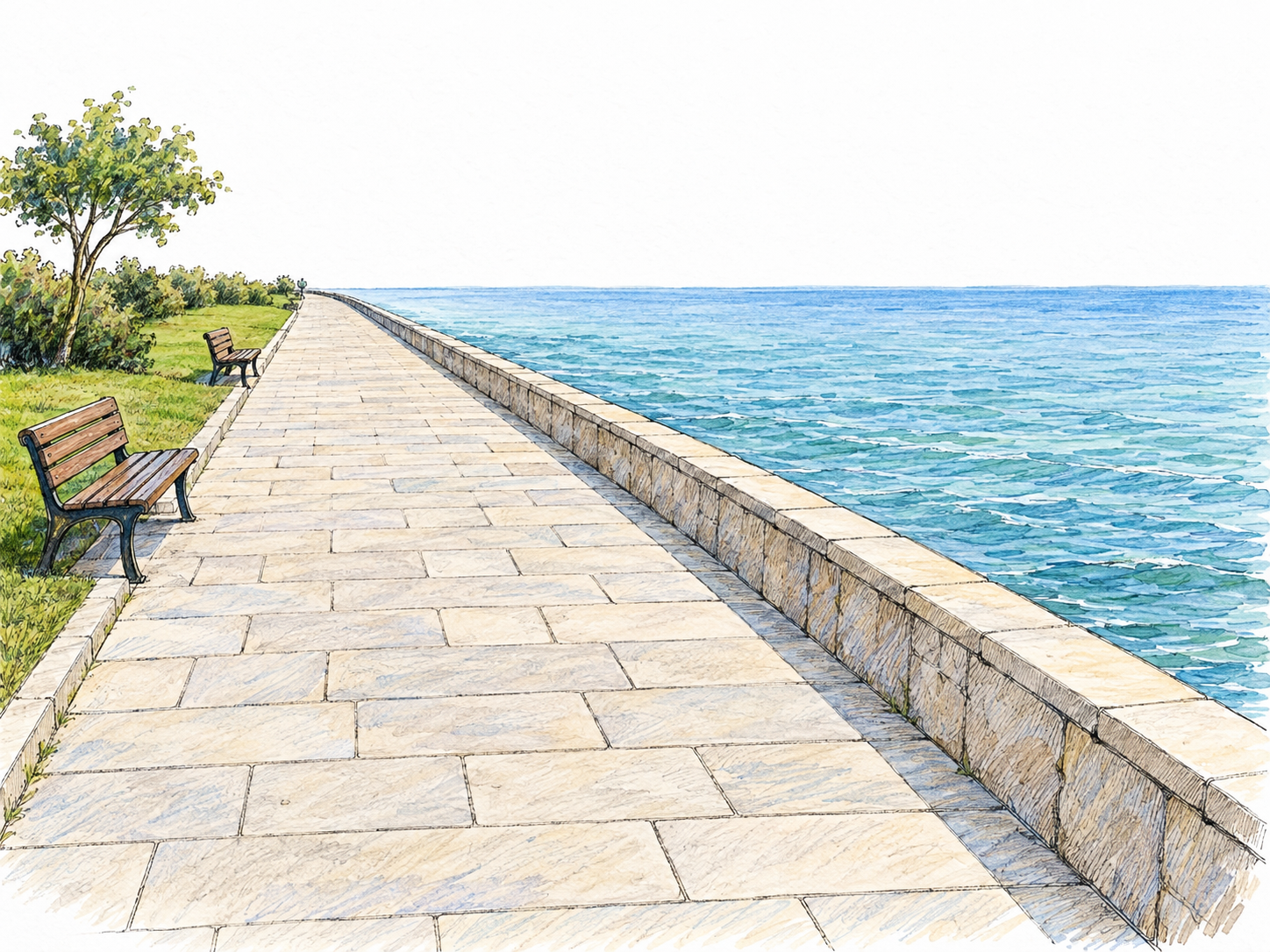 A broad, level waterfront promenade stretches far into the distance, with continuous water along one side and a narrow planted border on the other.