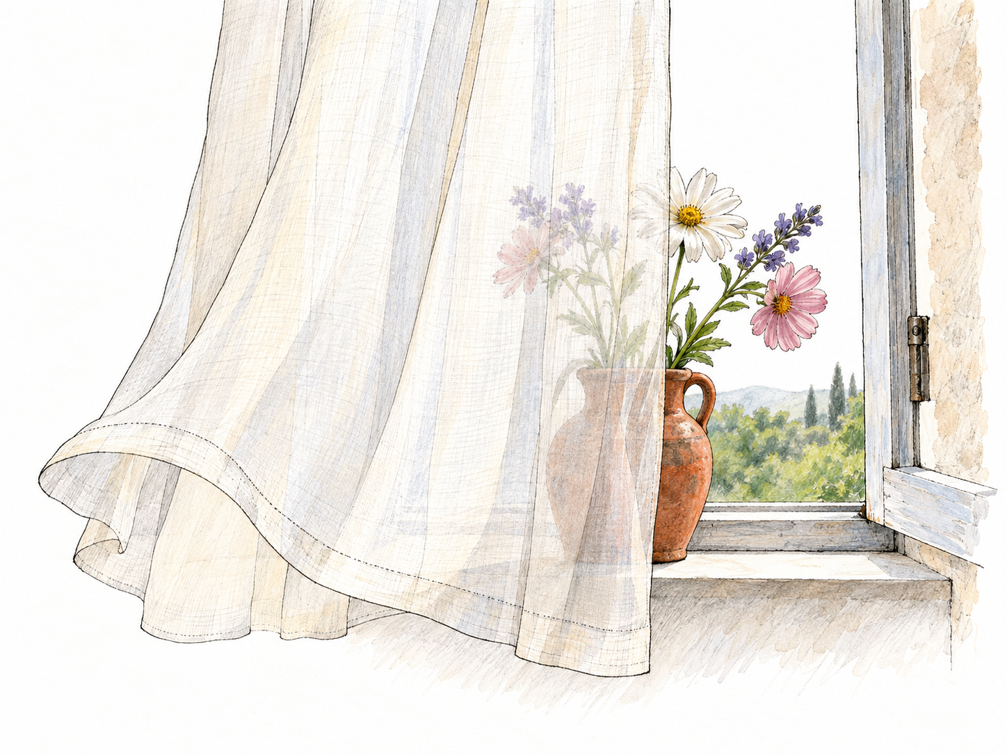 A featherlight sheer curtain lifts in a soft fold across a small vase of flowers, whose stems and petals remain plainly visible through the delicate fabric.