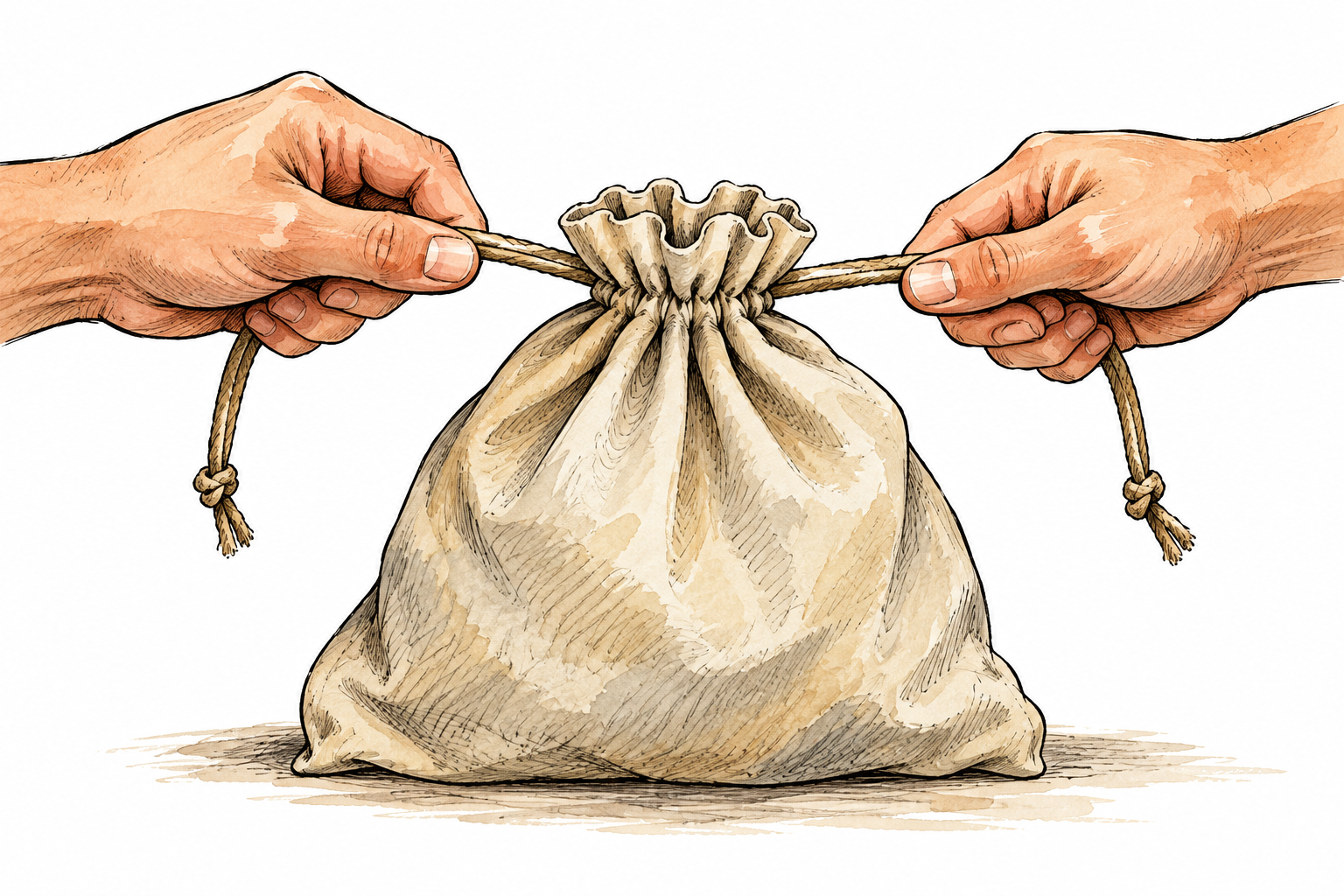 Hands tighten a drawstring around the mouth of a cloth bag, visibly narrowing opening.
