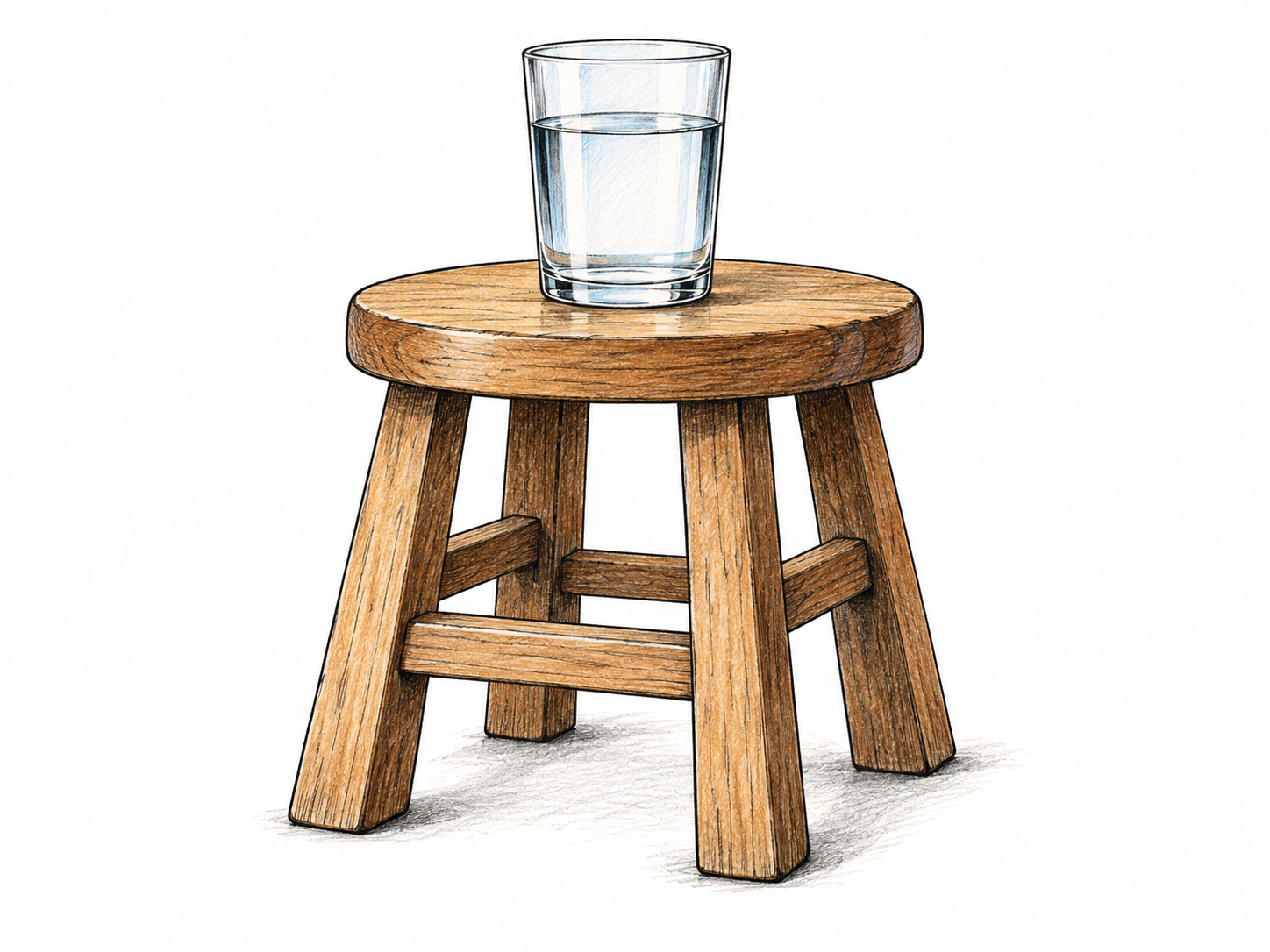 Sturdy broad-based stool stands firmly on level floor patch with full glass resting centered on seat, all feet grounded and liquid level; steady balanced object, no horse or building.