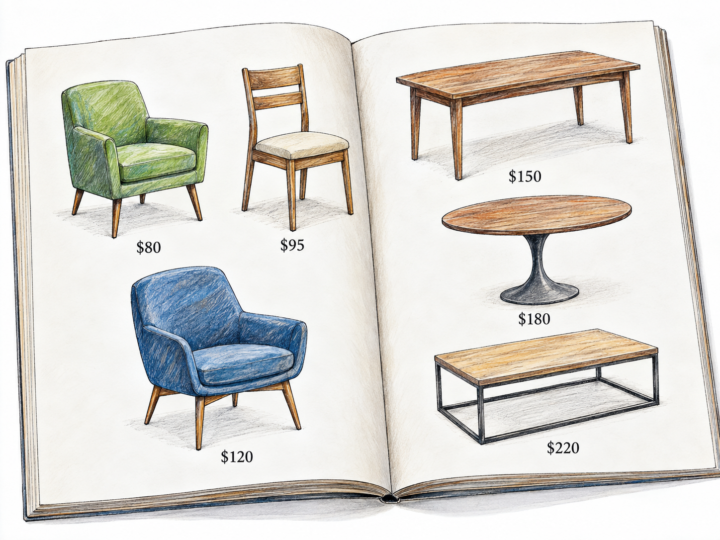 An open illustrated furniture catalog with orderly rows of distinct product pictures and small prices, making an organized selection of items for sale visible without explanatory writing.