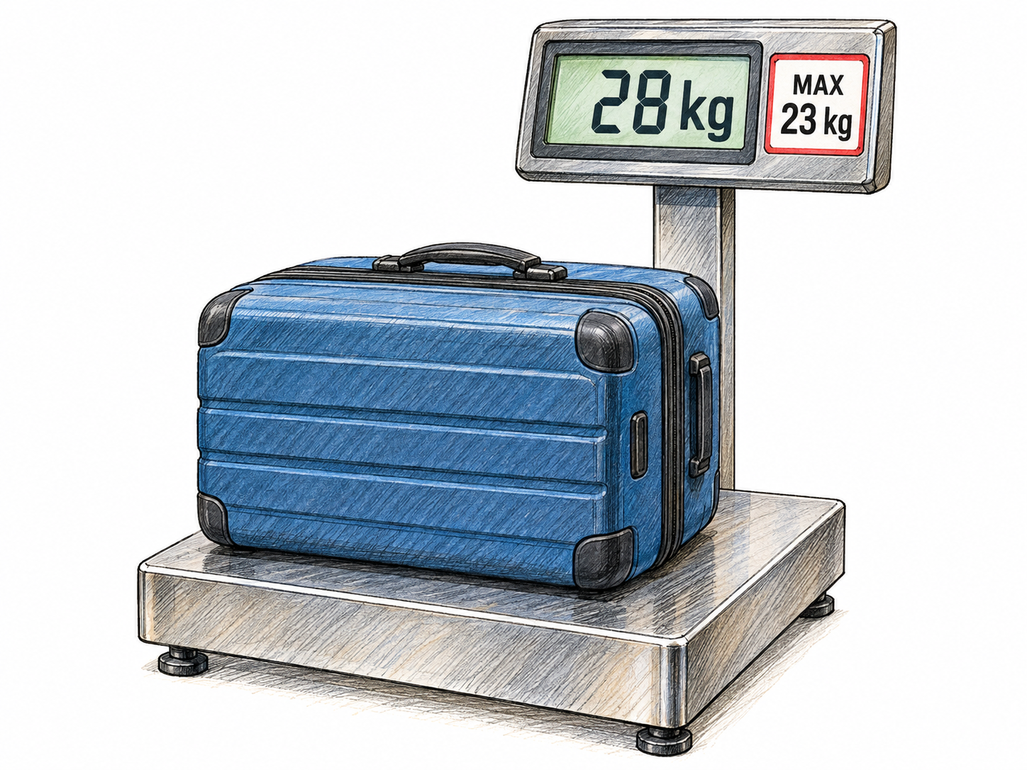 A suitcase on a baggage scale weighs 28 kg, visibly exceeding the posted maximum of 23 kg.
