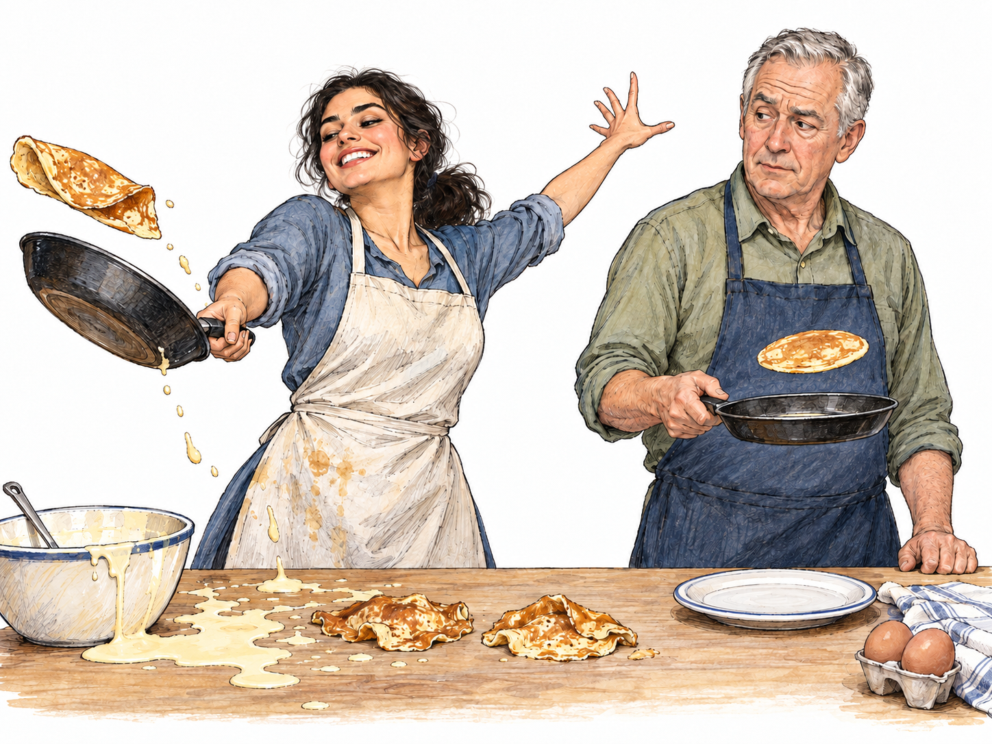 A very young novice cook shows off with an exaggerated pancake flip while batter spills and earlier pancakes lie crumpled beside the pan; an older cook calmly demonstrates a controlled flip.