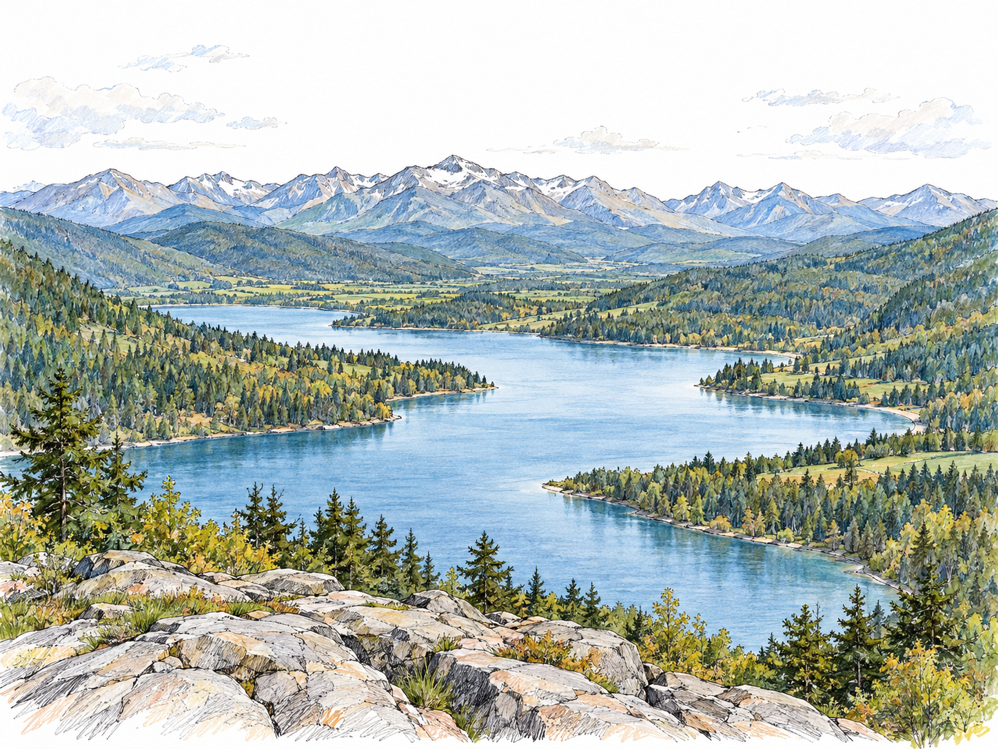 An uninterrupted, wide view from a high overlook encompassing a curving lake, its surrounding valley, and distant mountain ridges, with both ends of the landscape visible.