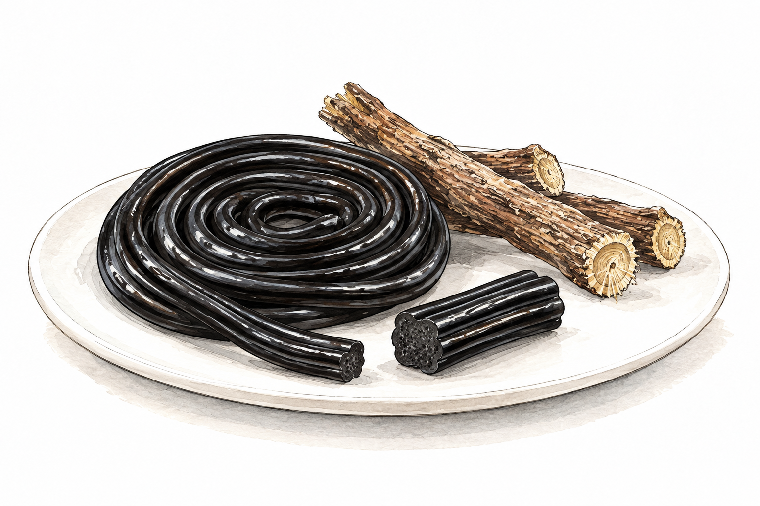 Coiled black licorice candy and a cut chewy piece beside licorice root, plain plate, no branding.