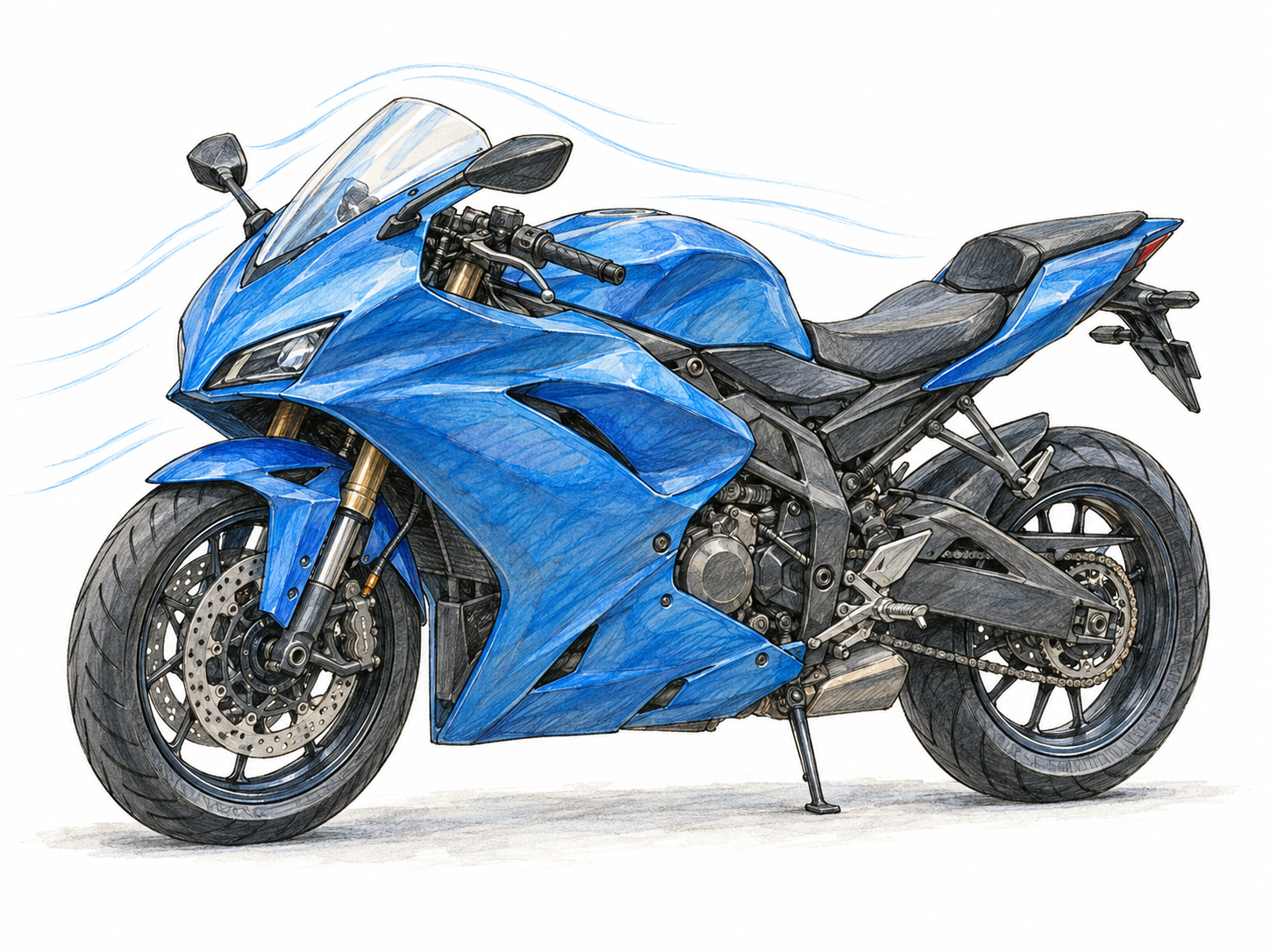 A stationary motorcycle in three-quarter side view, with its smooth aerodynamic front fairing clearly wrapping around the headlight and engine area.