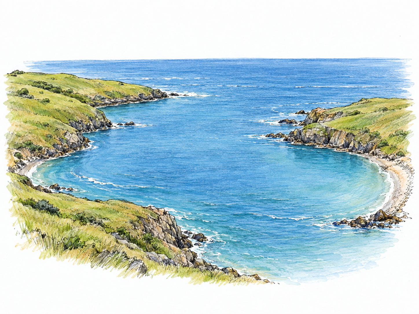An elevated oblique view of a broad blue sea inlet, partly enclosed by two curving arms of land, with a wide opening clearly connecting it to the open sea.