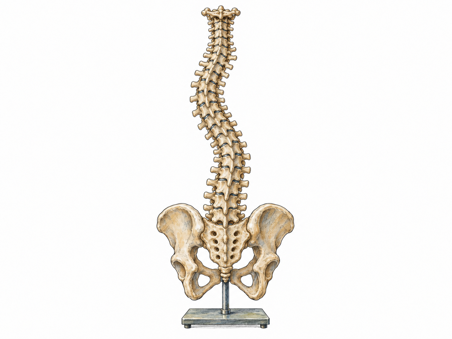 A posterior-view anatomical model of a human spine and pelvis, showing a conspicuous abnormal sideways S-shaped spinal curve rather than normal front-to-back curvature.