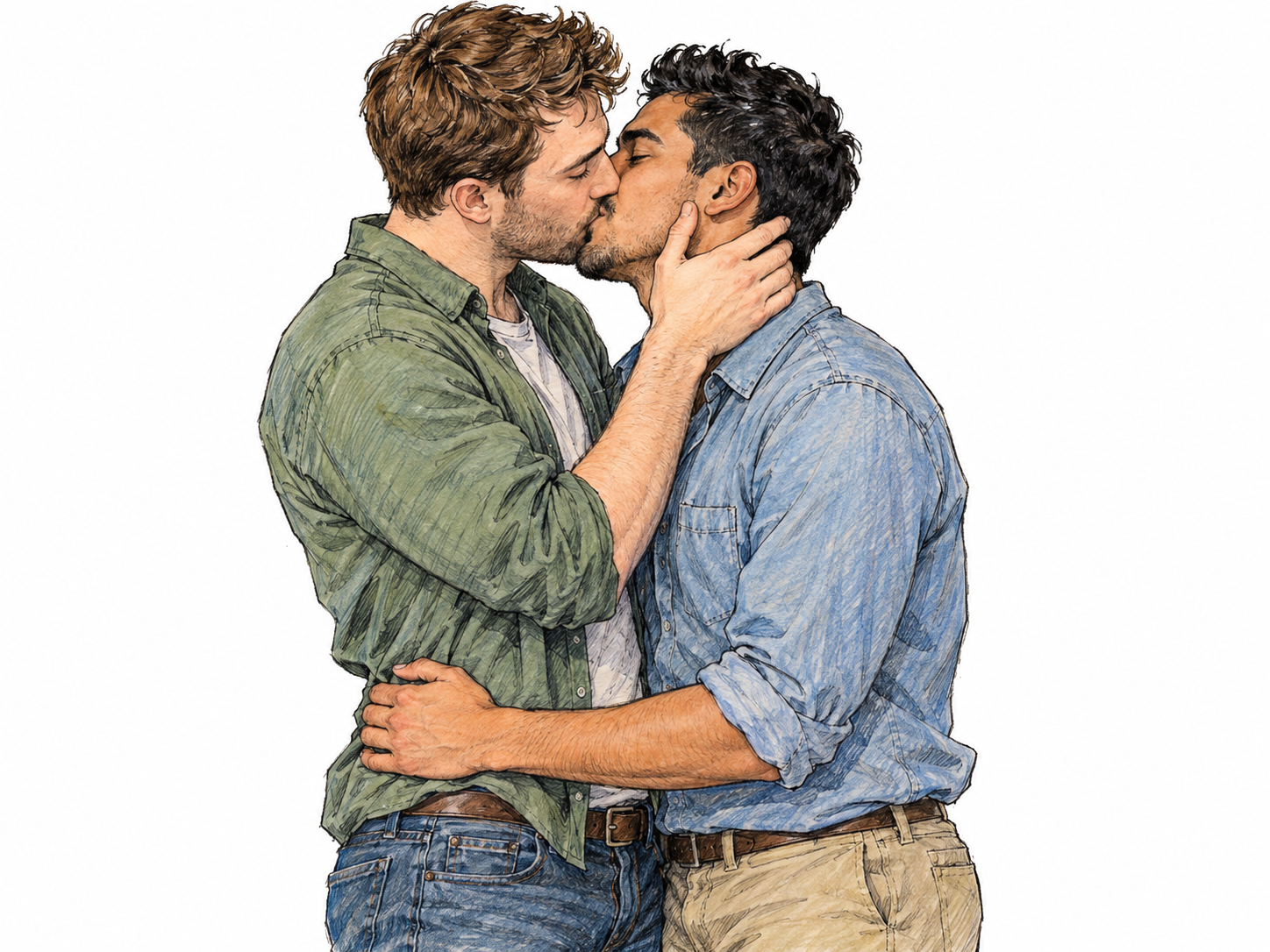 Two similarly aged adult men sharing an intimate kiss, with reciprocal touch at the cheek and waist, making same-sex attraction visible rather than suggesting ordinary friendship.