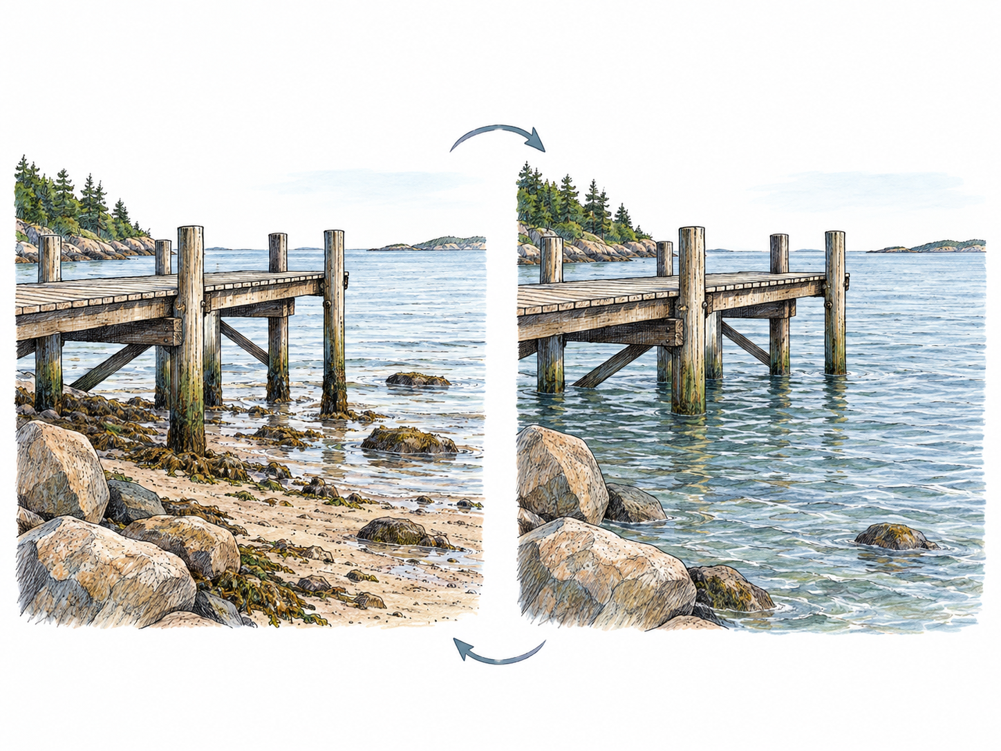Two matched coastal views show the same rocky shore and wooden pier at low and high water, linked by two small curved arrows forming a repeating cycle.