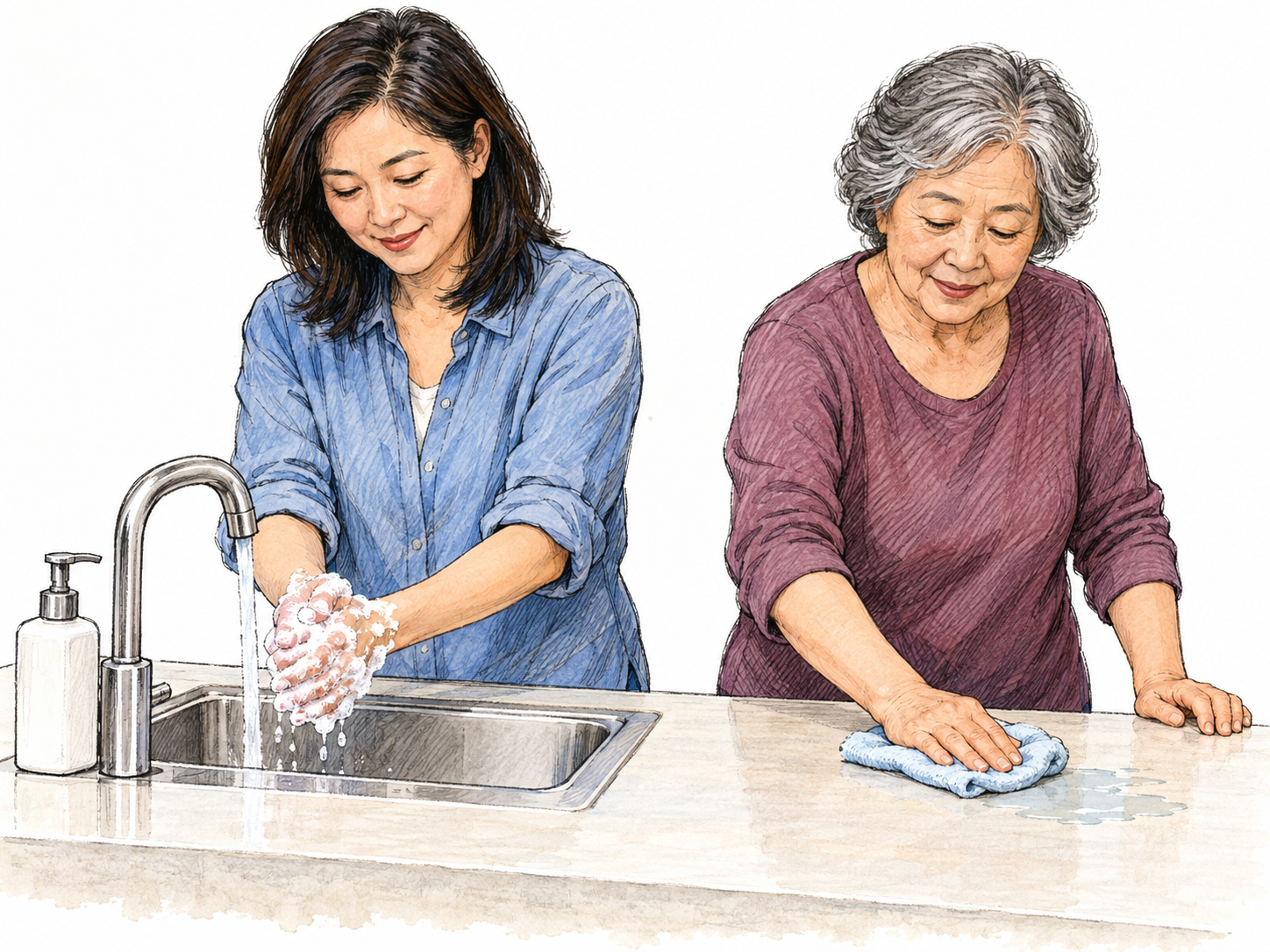 Two everyday hygiene practices in a simple kitchen: a woman thoroughly washes her soapy hands at the sink while another woman wipes the adjacent work surface clean.