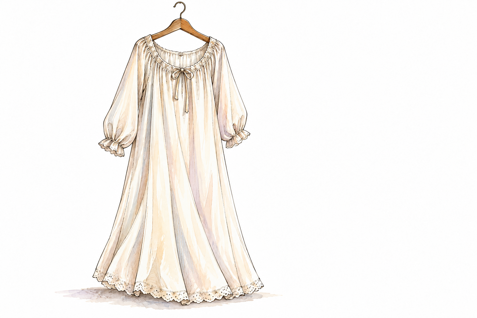 A light loose opaque nightgown on a wooden hanger, soft pale fabric modest full-length garment, fashion still life, no person or text.