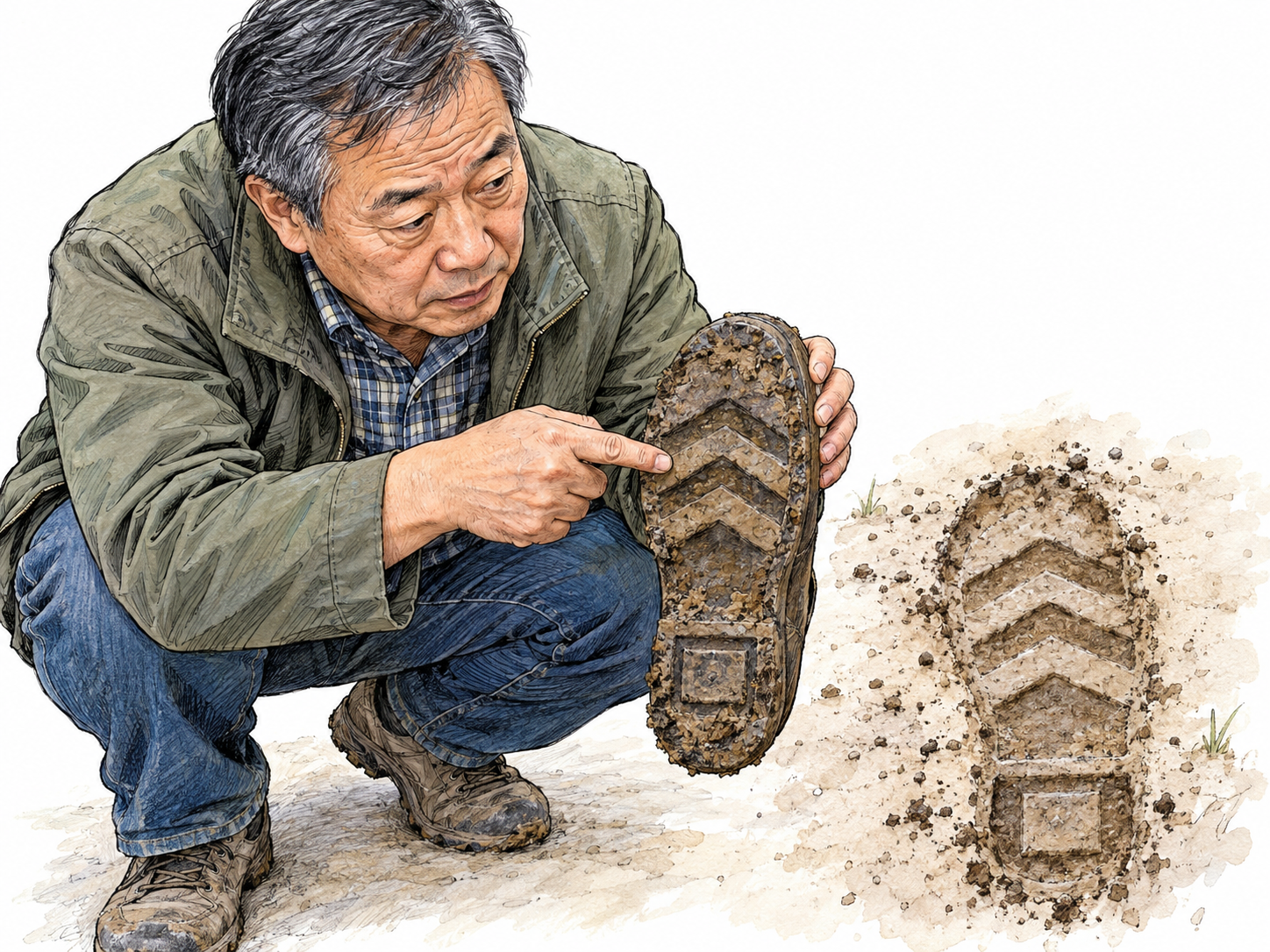 A man shows the connection between a muddy footprint and a boot by holding its sole beside the print, revealing the same distinctive tread pattern.