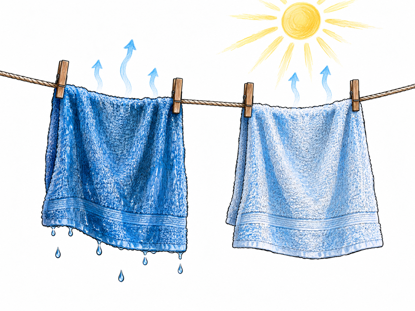 A wet cloth hanging in sunlight becomes visibly drier, with small water droplets diminishing and sparse upward arrows indicating liquid entering the air.