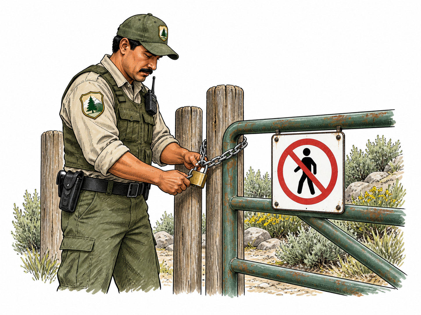 An official closes a gate to a fragile conservation area and posts a brief functional NO ENTRY notice, prohibited entry unambiguous, no other text.