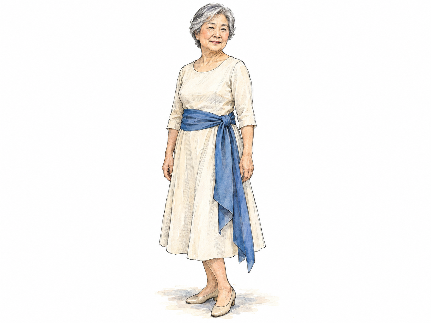 An older woman wears a wide, soft blue cloth sash wrapped around the waist of a simple cream dress, tied at one hip with two long hanging ends.