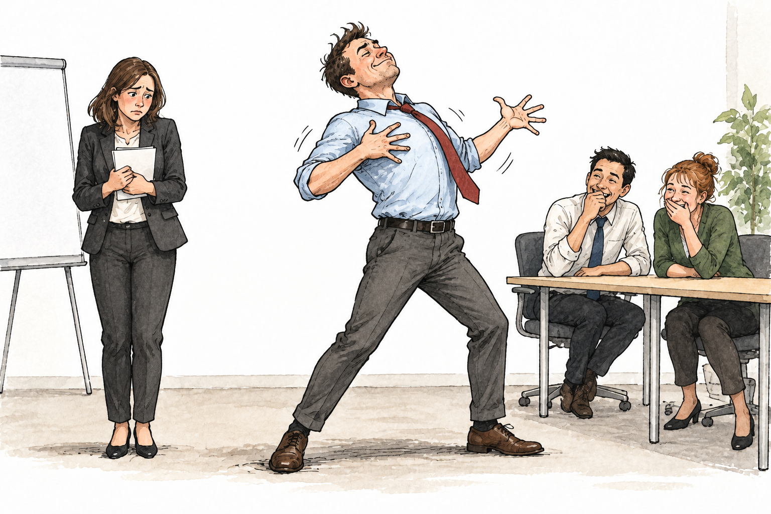 An adult office worker contemptuously parodies a colleague's proud presentation stance with exaggerated puffed chest and waving hands, two coworkers snicker while the original presenter watches embarrassed.