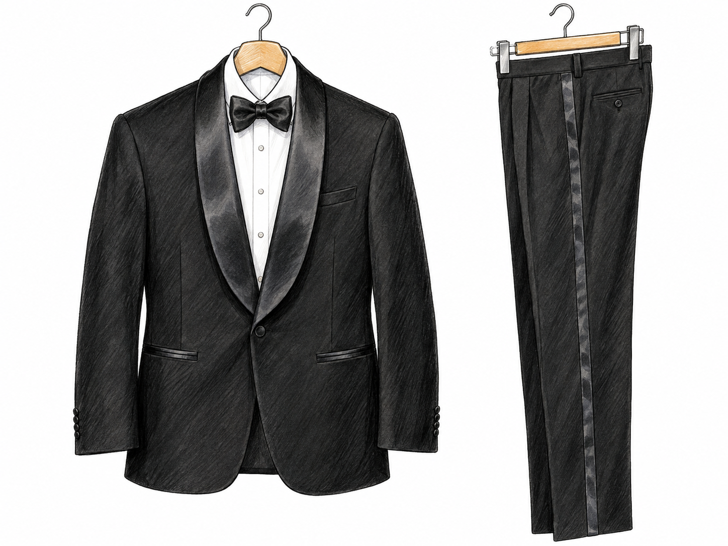 An unworn black tuxedo displayed on a simple hanger, with its matching trousers beside it; satin lapels and a satin trouser stripe distinguish it from an ordinary business suit.