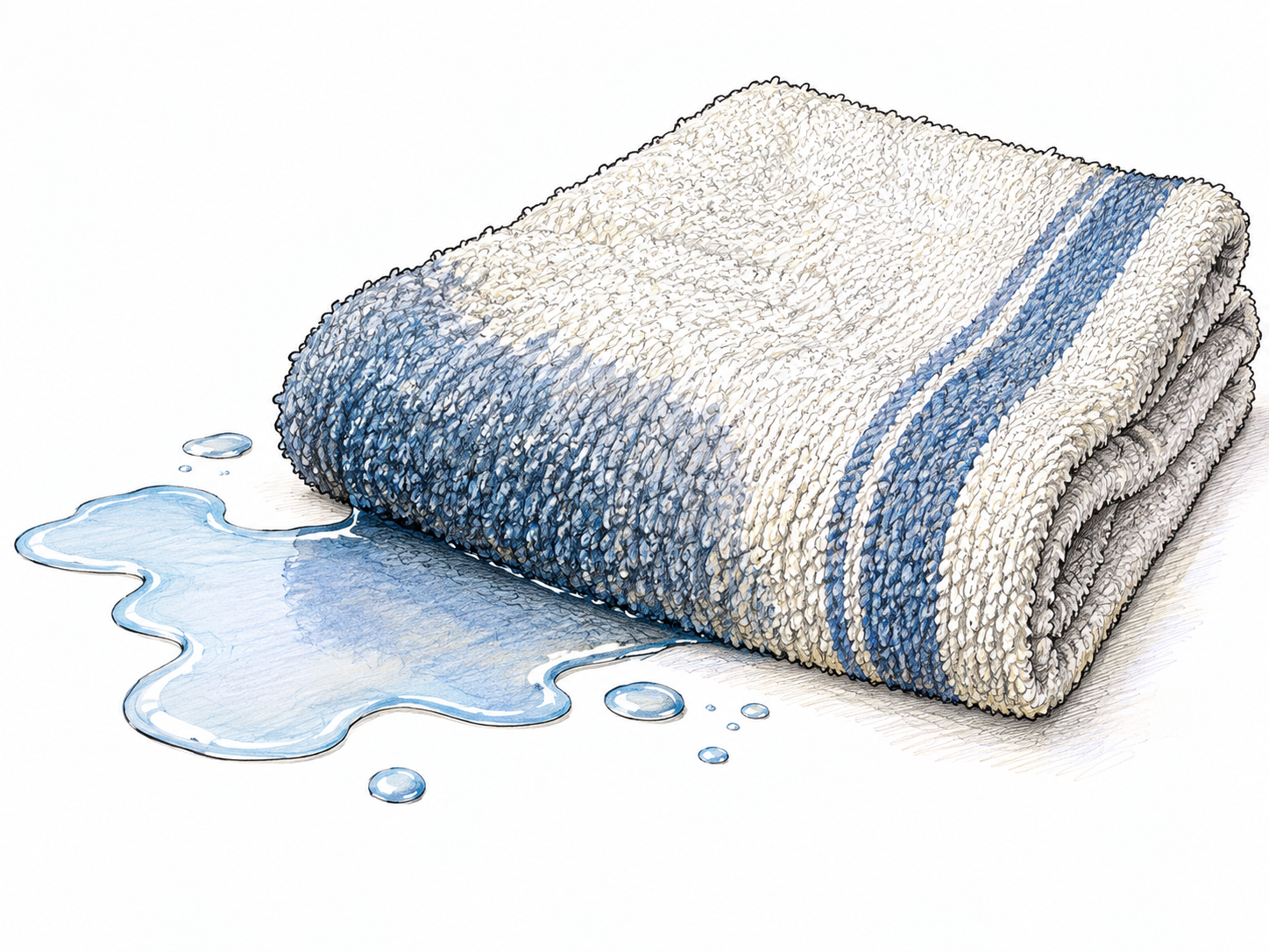 A folded cotton towel soaks up a water spill, the darker damp edge extending into dry cloth and a few remaining drops nearby; accurate material contact, no lettering.