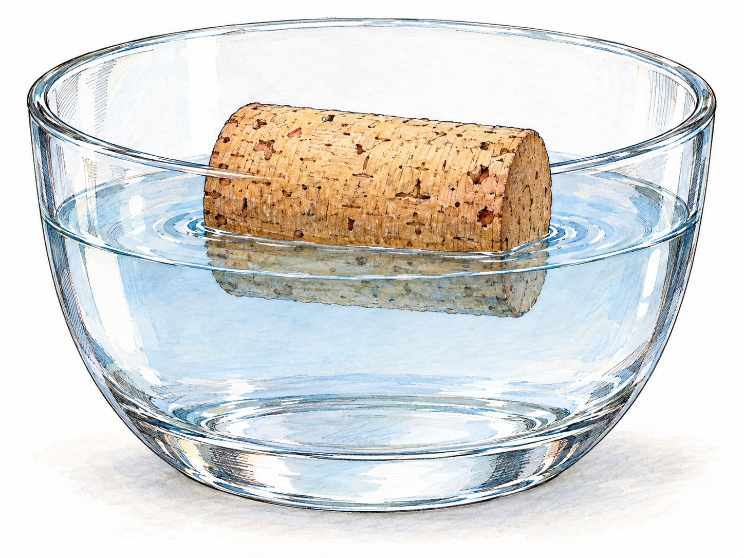 A cork floats high on still water in a clear glass vessel, visibly demonstrating the literal ability to float.