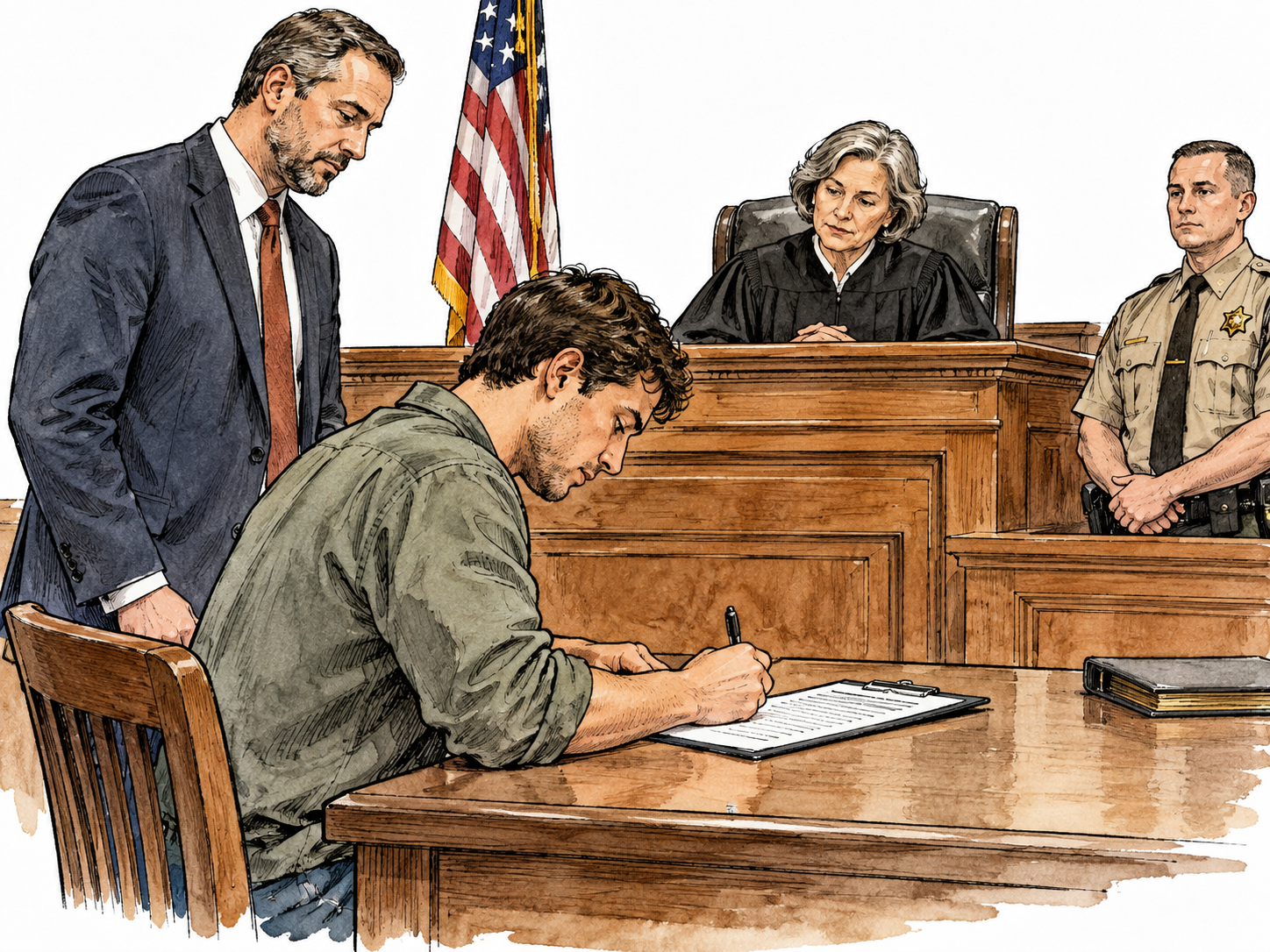 Defendant signs court appearance obligation before judge, courtroom context.
