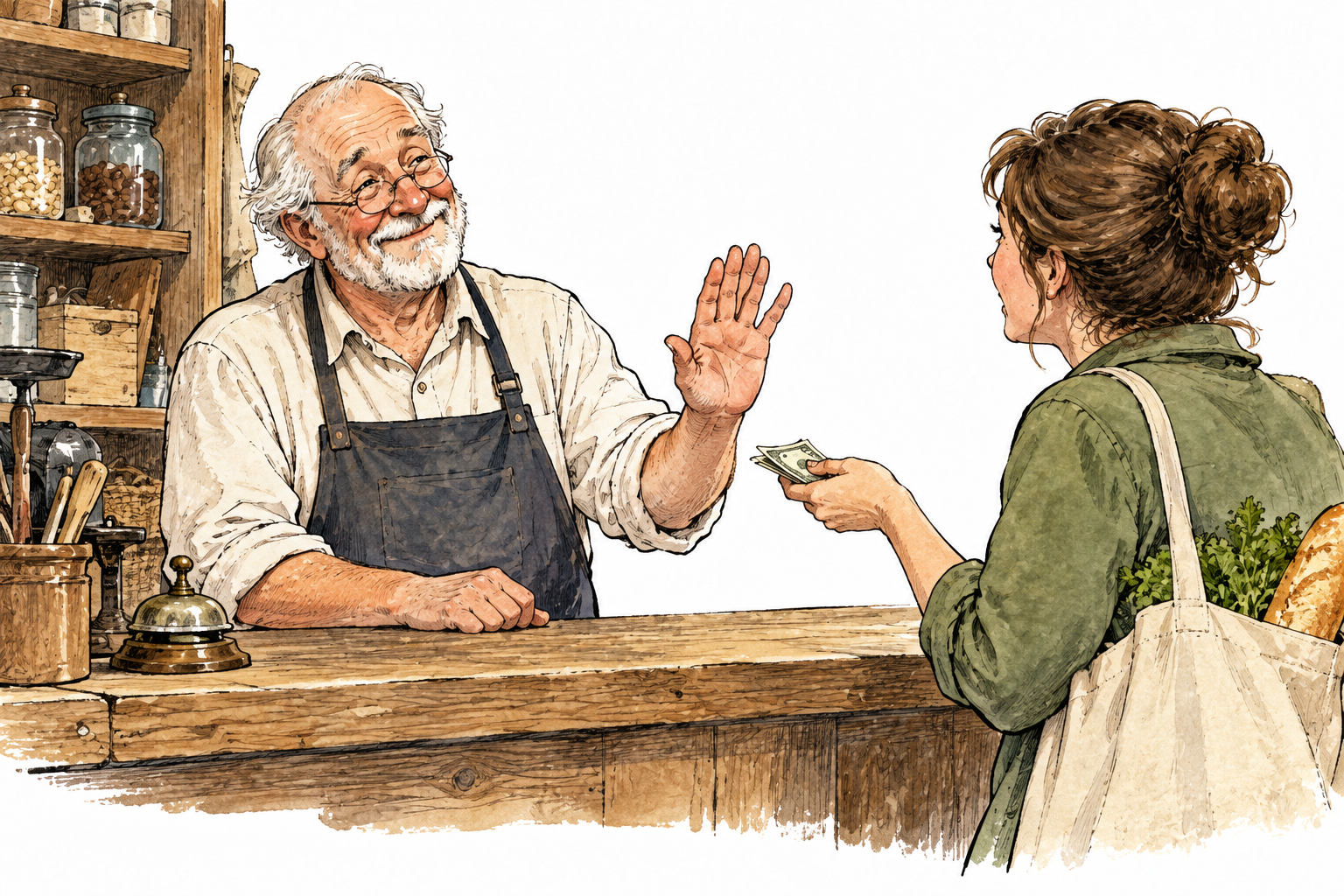 Older white shopkeeper voluntarily waves away a customer's offered payment for a minor fee, calm gracious gesture; no writing.