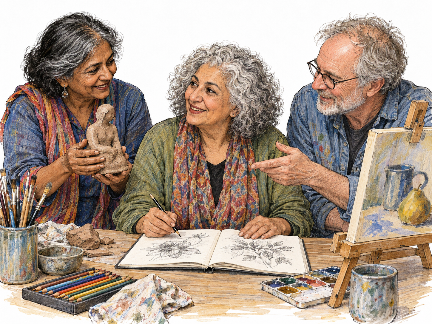An older artist situated within her creative social milieu: she sketches at a shared studio table while fellow artists beside her discuss a small clay sculpture and a painted still life.