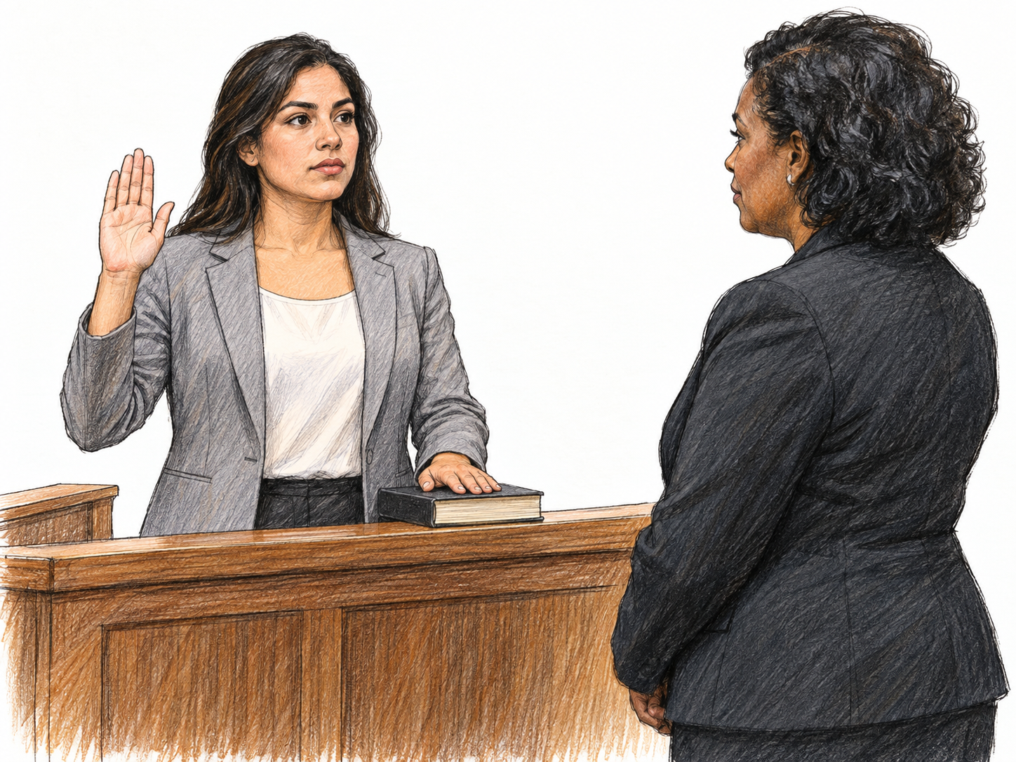 A witness taking a courtroom oath: standing at the witness box with her right palm raised and her left hand resting on a closed, unmarked book, facing a formally attentive court official.