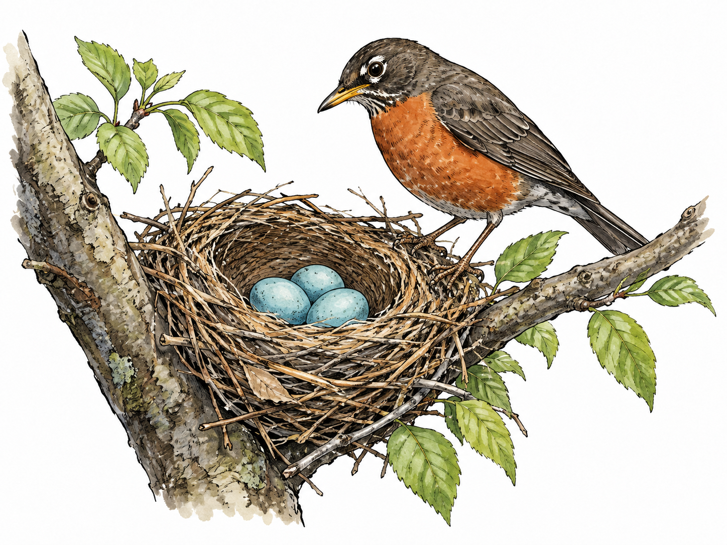 A robin nest containing three small blue eggs among twigs in a tree branch.