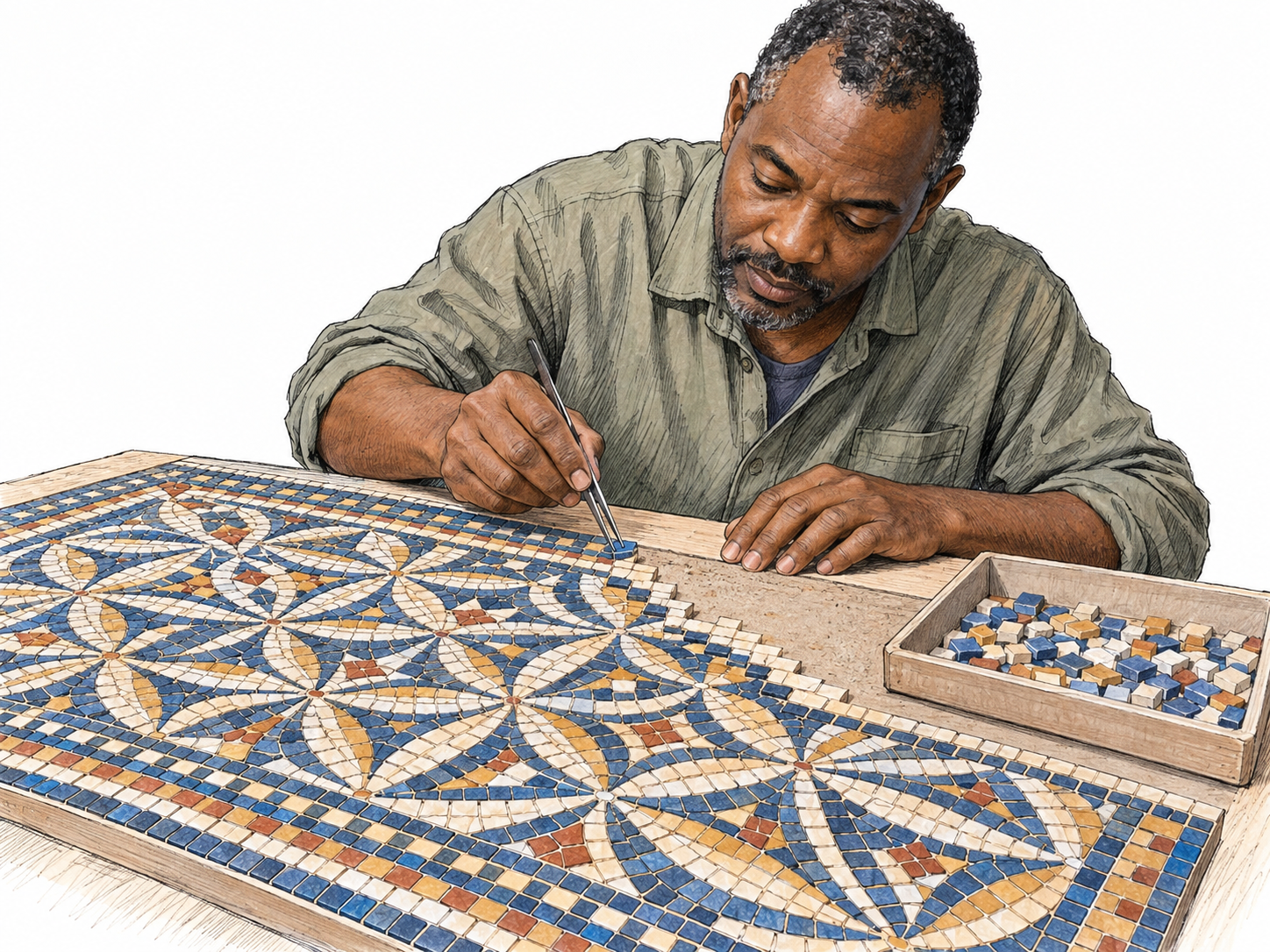 A mosaic maker carefully places one tiny tile into a large, nearly completed geometric mosaic.