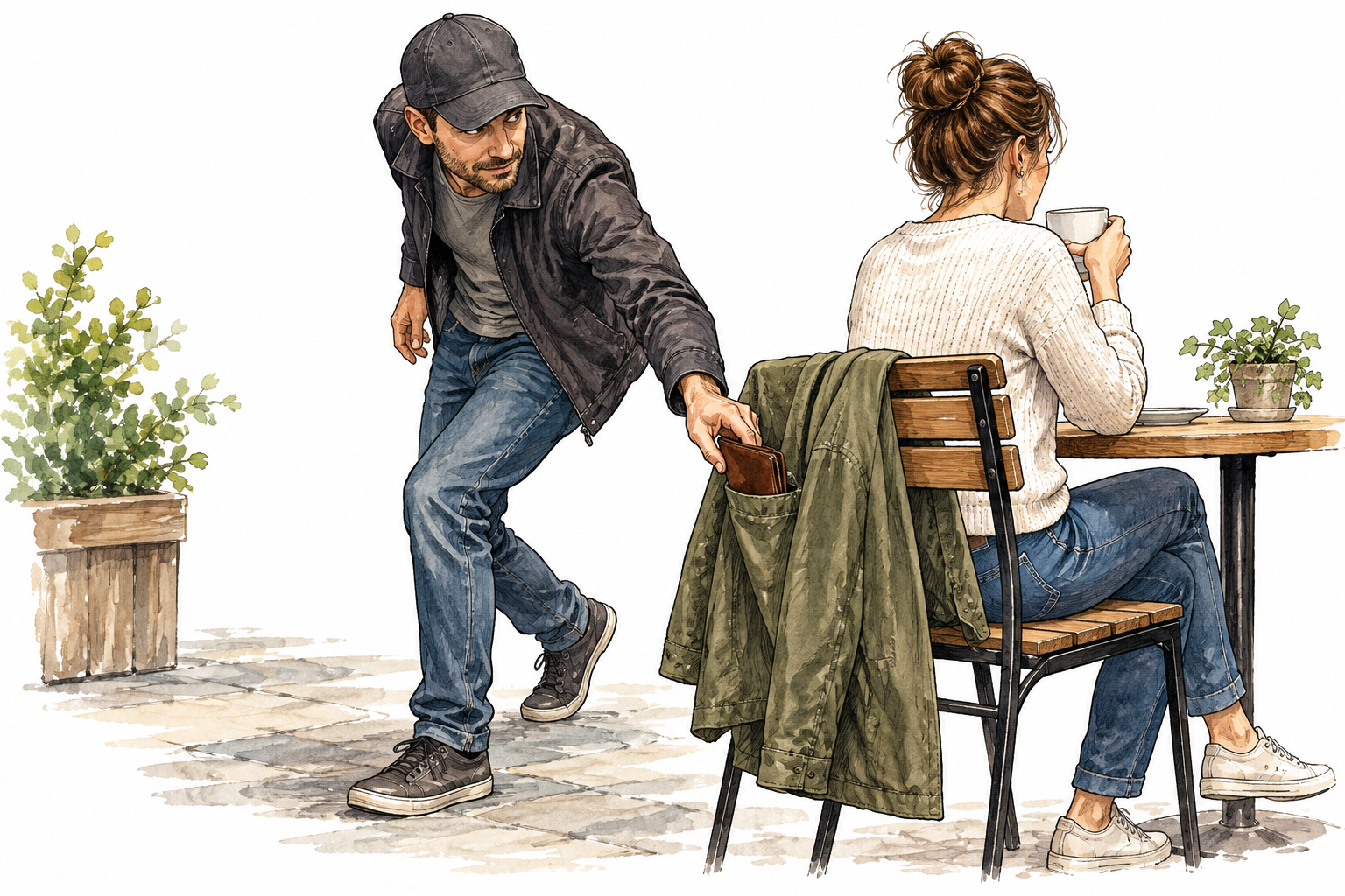 A fictional pickpocket stealthily takes a wallet from an unattended coat, no racialized costume stereotype.