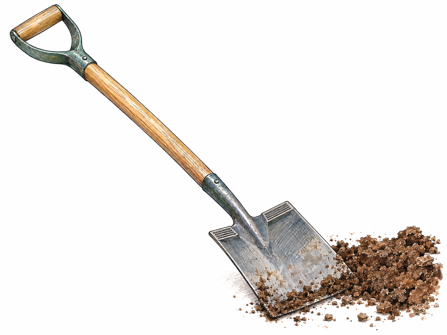 A single garden spade with a D-grip, straight wooden shaft, and broad, flat rectangular steel blade, shown fully visible beside a small patch of freshly turned soil.