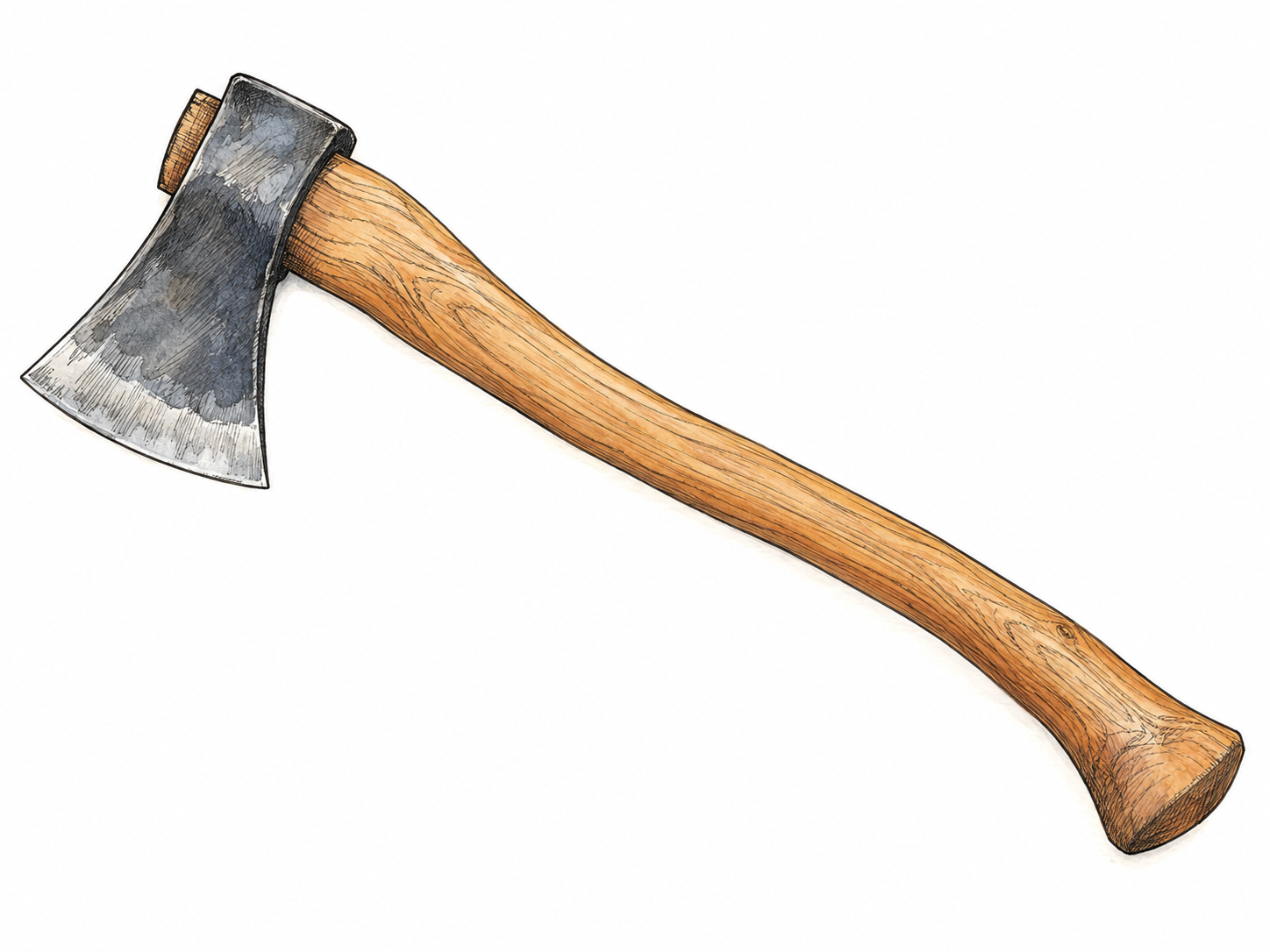 A single axe with its long wooden haft dominating the composition, its fitted steel head fully visible at one end.