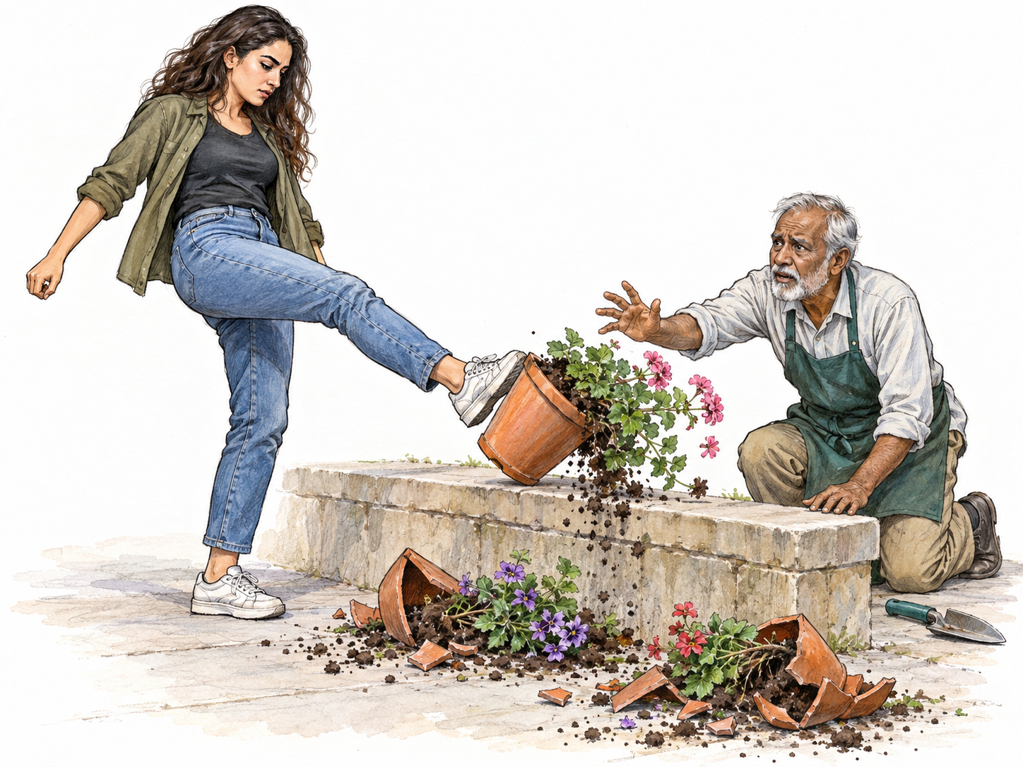 A young woman deliberately kicks over a healthy flowering plant in a public planter while an older gardener reaches toward the falling pot in alarm.