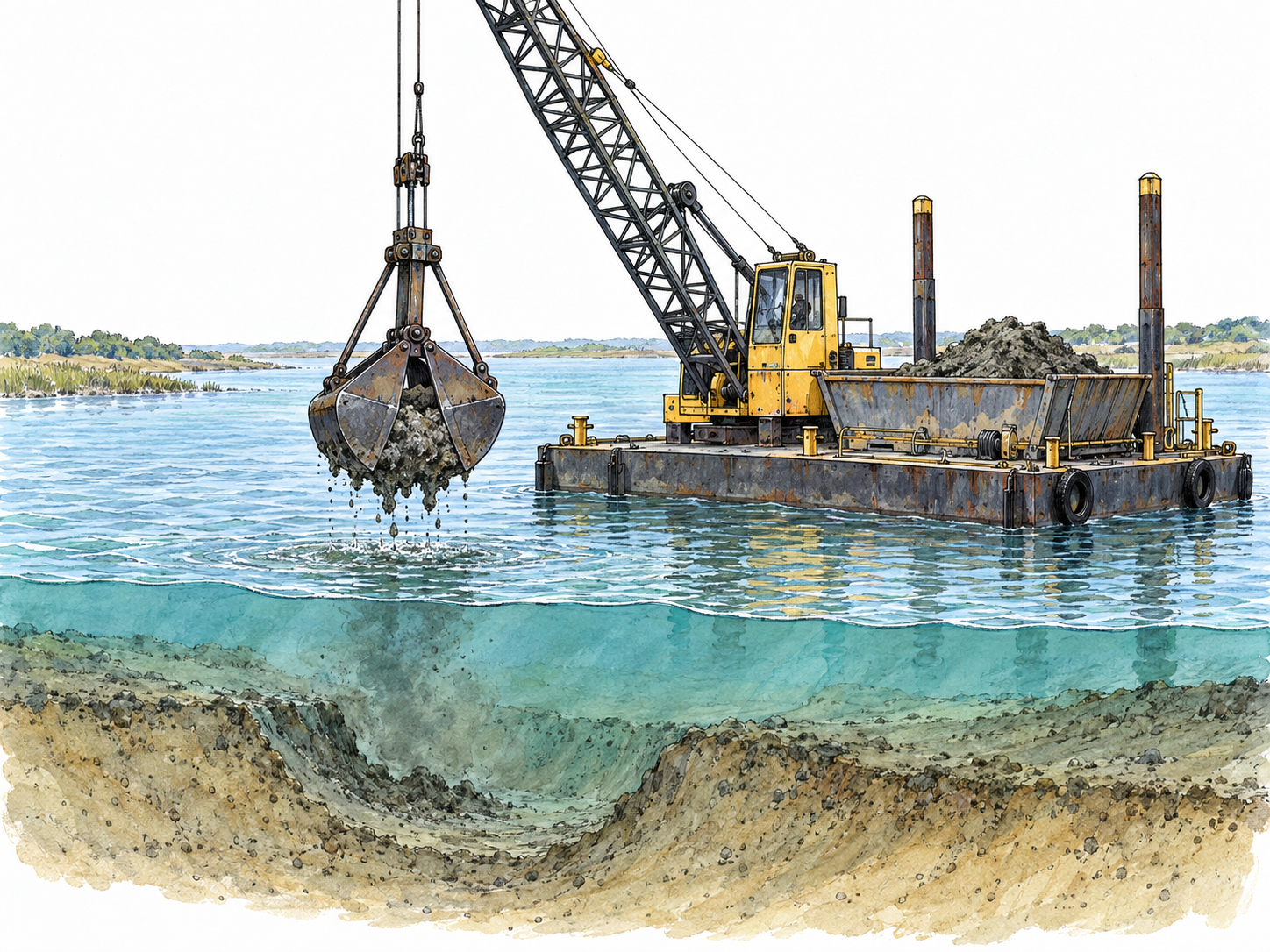 A floating dredging crane lifts a closed clamshell bucket full of dark mud from a shallow channel.