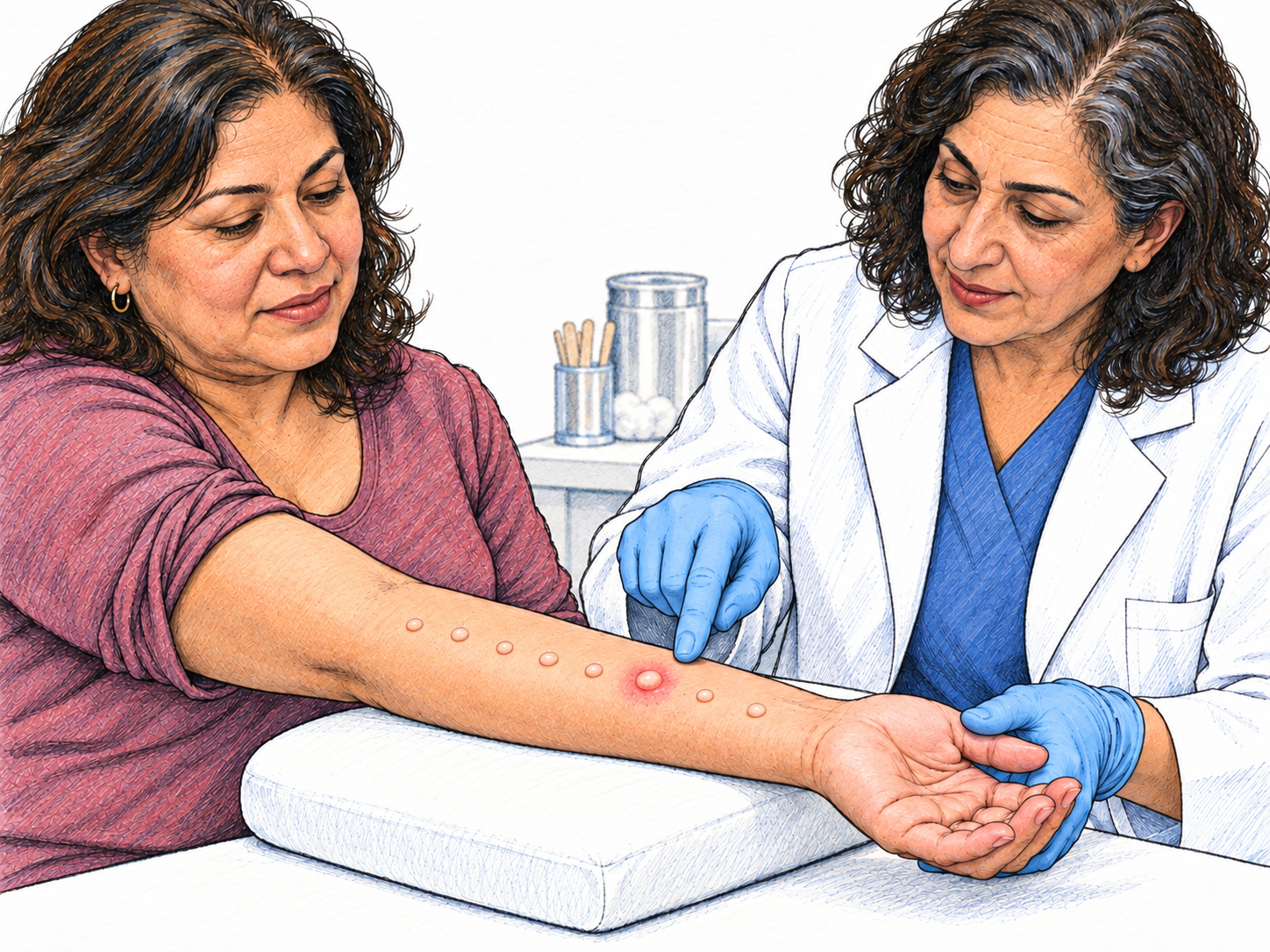 A close, readable allergy skin-prick test: a woman's exposed forearm has a row of tiny test droplets, with one site developing a conspicuous raised red wheal while the other sites remain normal.