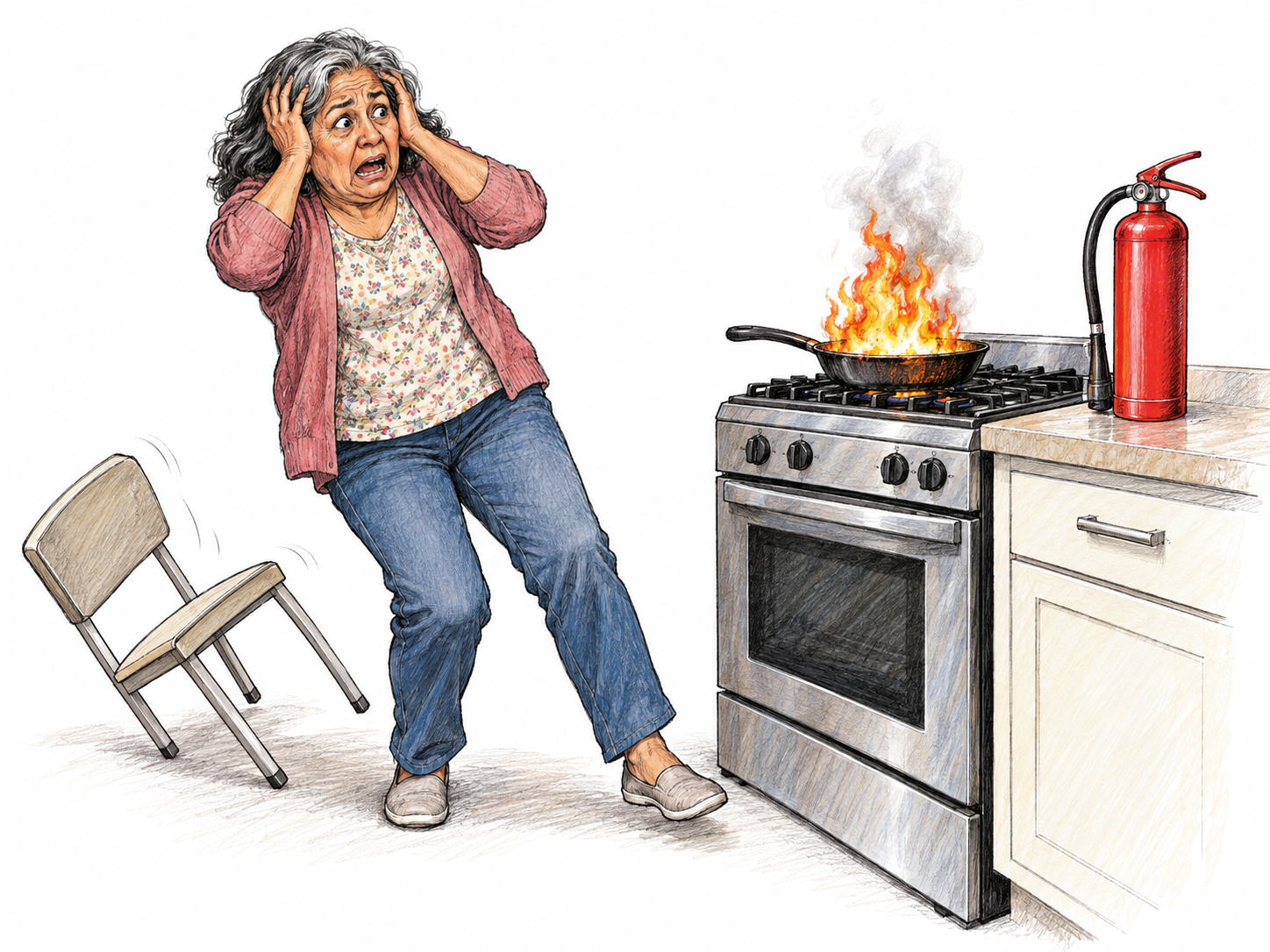 An older woman becomes overwhelmed by a sudden stovetop flare-up: instead of using the nearby fire extinguisher, she backs away with both hands clamped to her head, knocking over a chair.