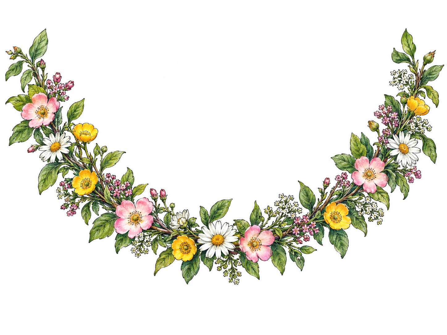 A single gently curved garland of intertwined green leaves and small colorful flowers, with its linked stems clearly visible.