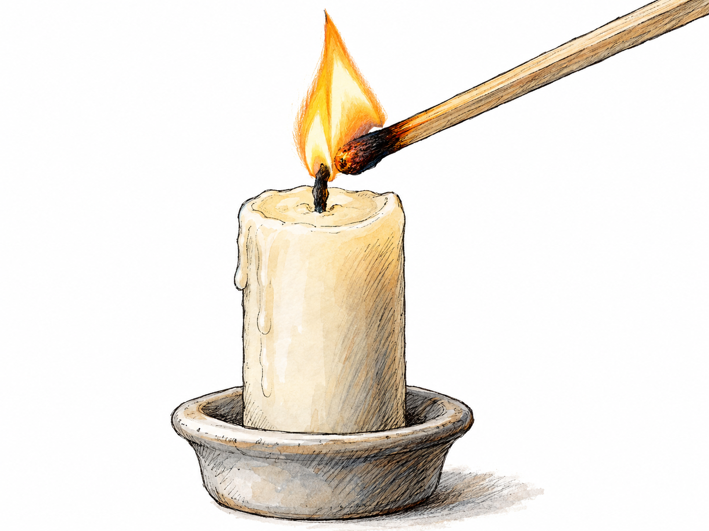 Close-up of a lit wooden match touching a candle wick as a separate small flame begins to rise from the wick, clearly showing the start of burning.