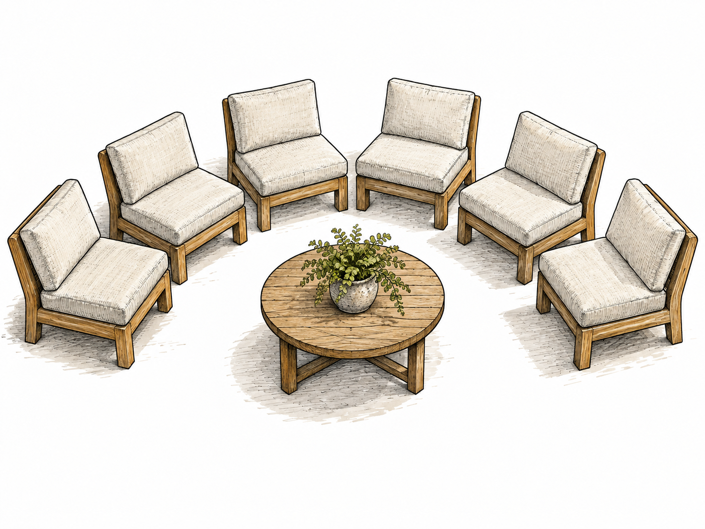 Six identical modular chairs arranged in a clear semicircle around a small table, viewed from slightly above to emphasize the arrangement of parts.
