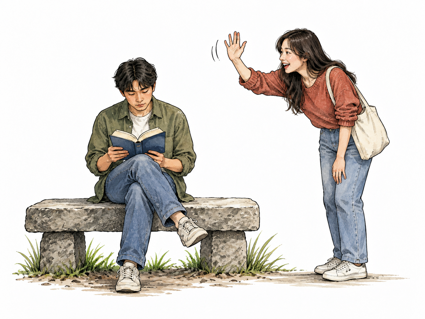 A young East Asian adult keeps reading while a companion waves for attention nearby.