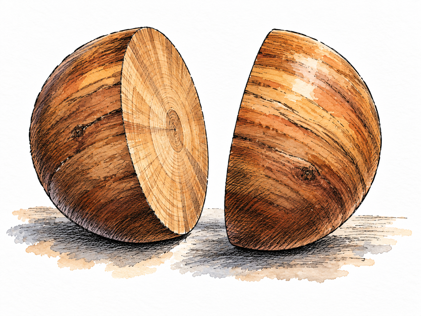 Solid wooden sphere cut cleanly through its center into exactly two equal hemispheres, halves separated slightly, one flat circular face visible, sculptural still life.