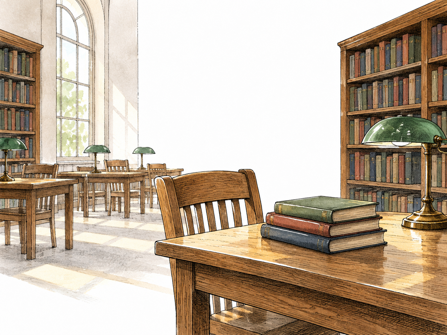 A still empty library reading room with closed books and soft light.