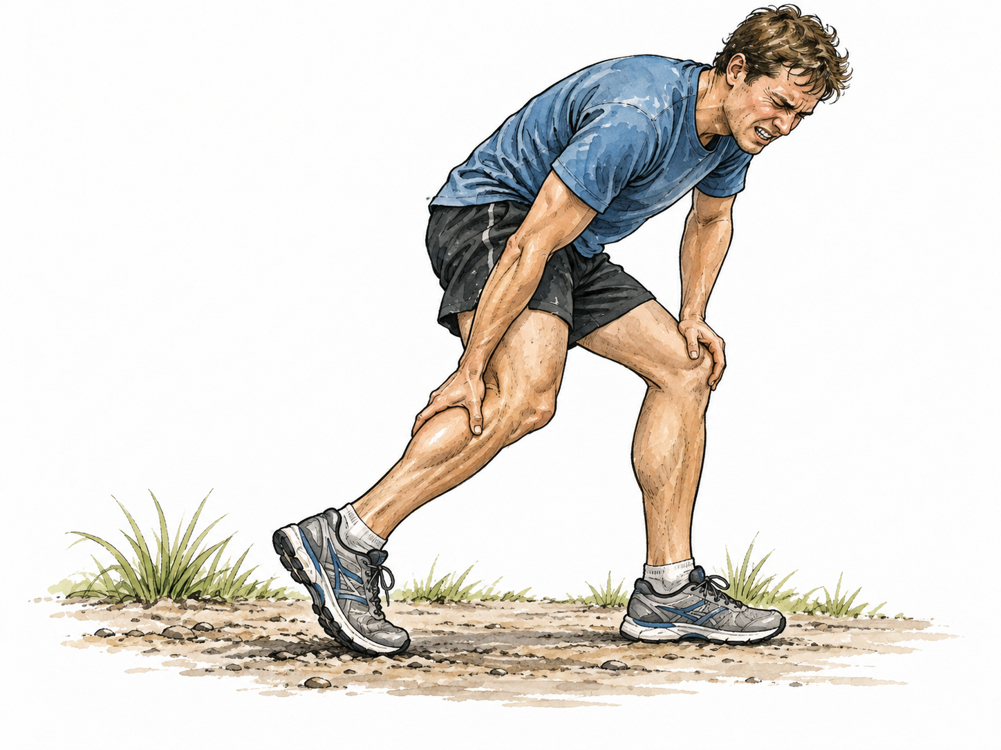 White adult athlete pauses during a run and gently grips a cramped calf, non-graphic.