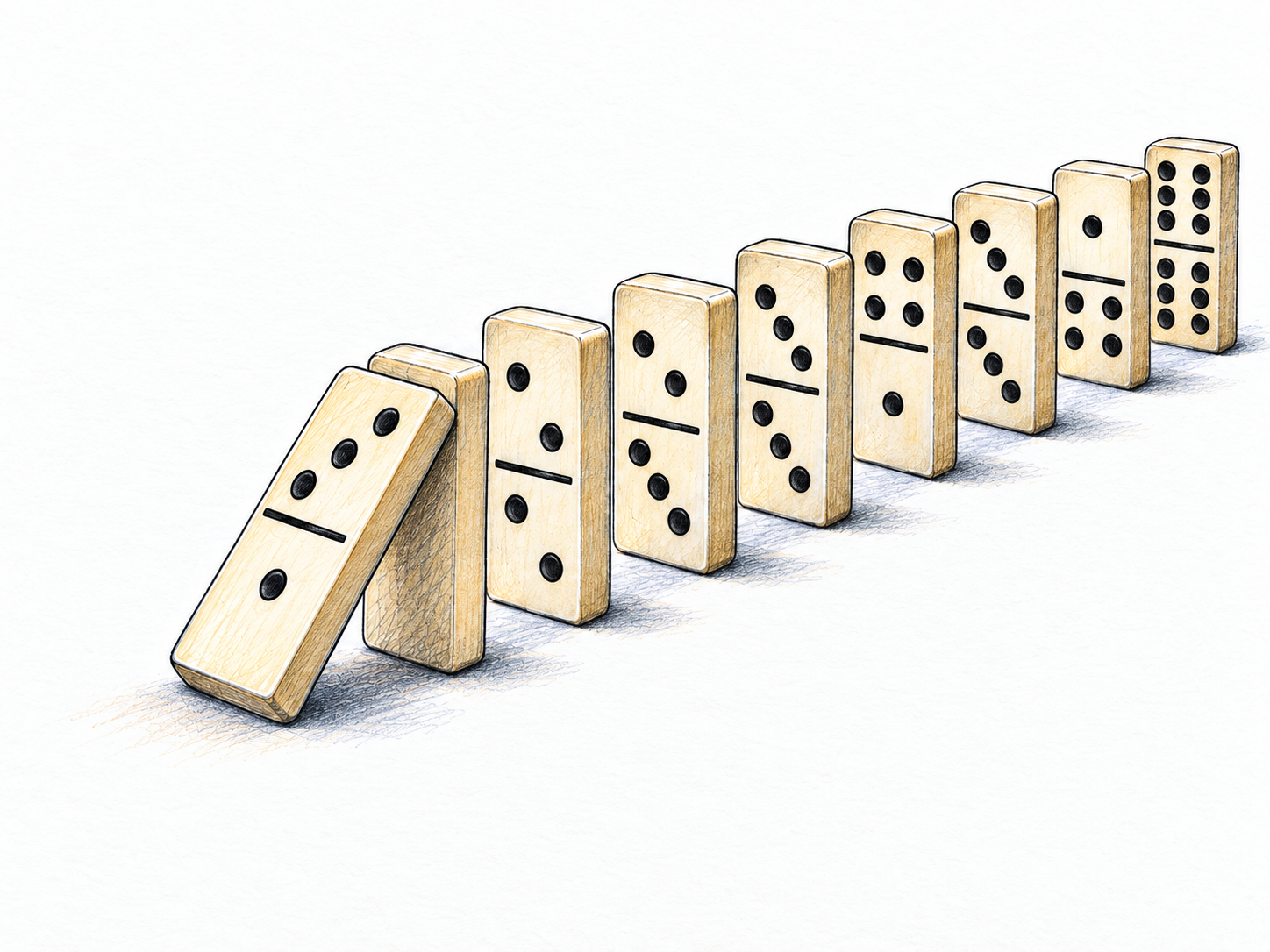 The initial fall in a domino chain: the first domino tips against the second while the long remaining sequence is still upright.