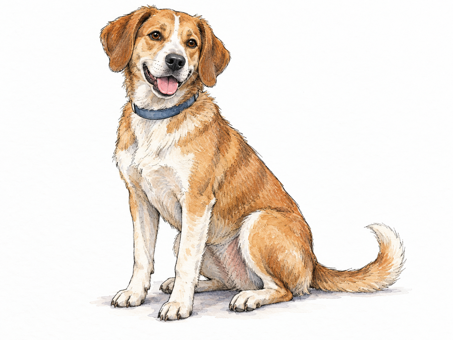 A friendly, ordinary pet dog sits in a relaxed three-quarter view, with floppy ears, a slightly open mouth and a loosely curved tail.