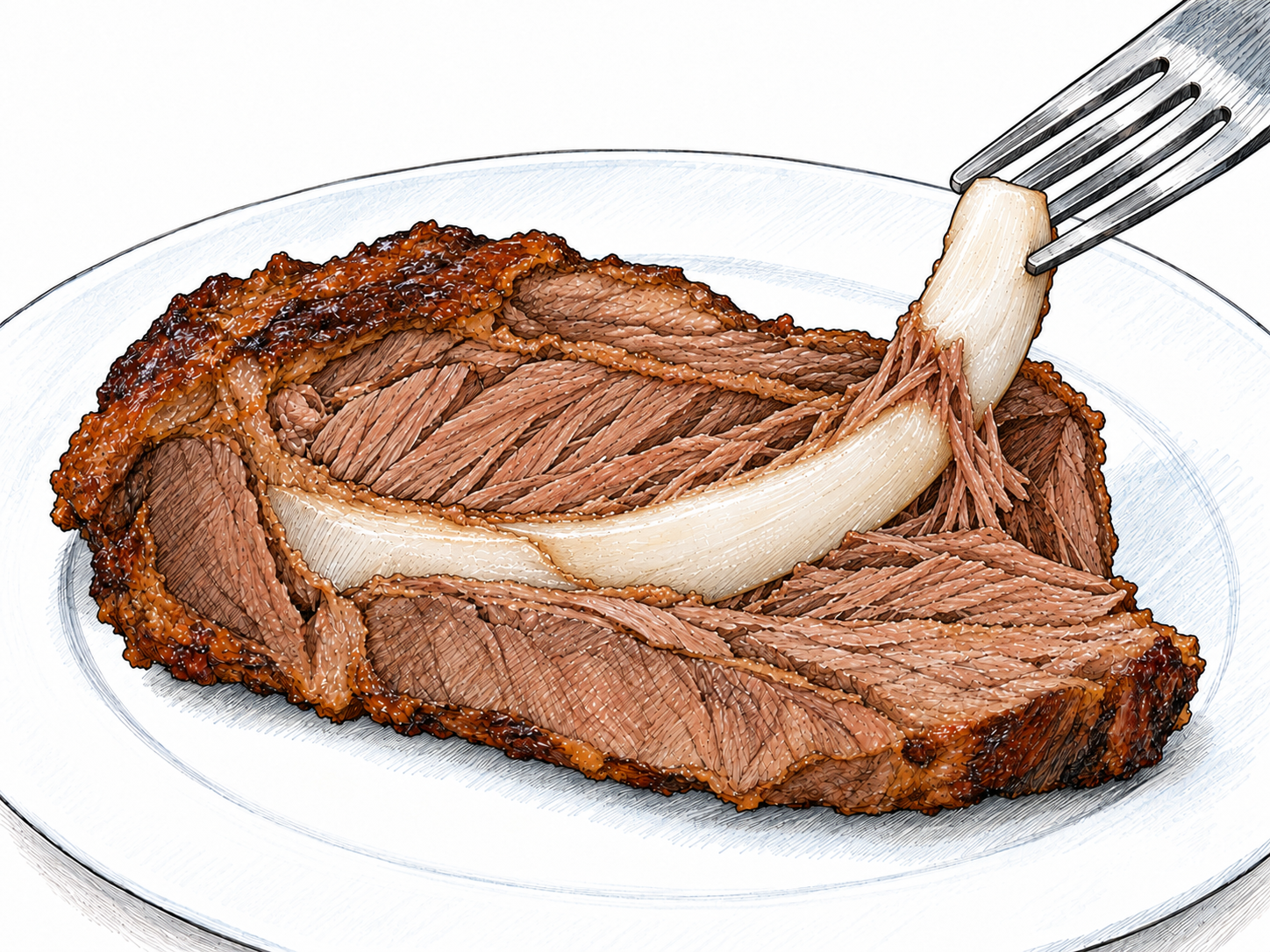 Close-up of a sliced piece of cooked meat on a plain plate, exposing a thick, firm, pearly-white seam of cartilage.