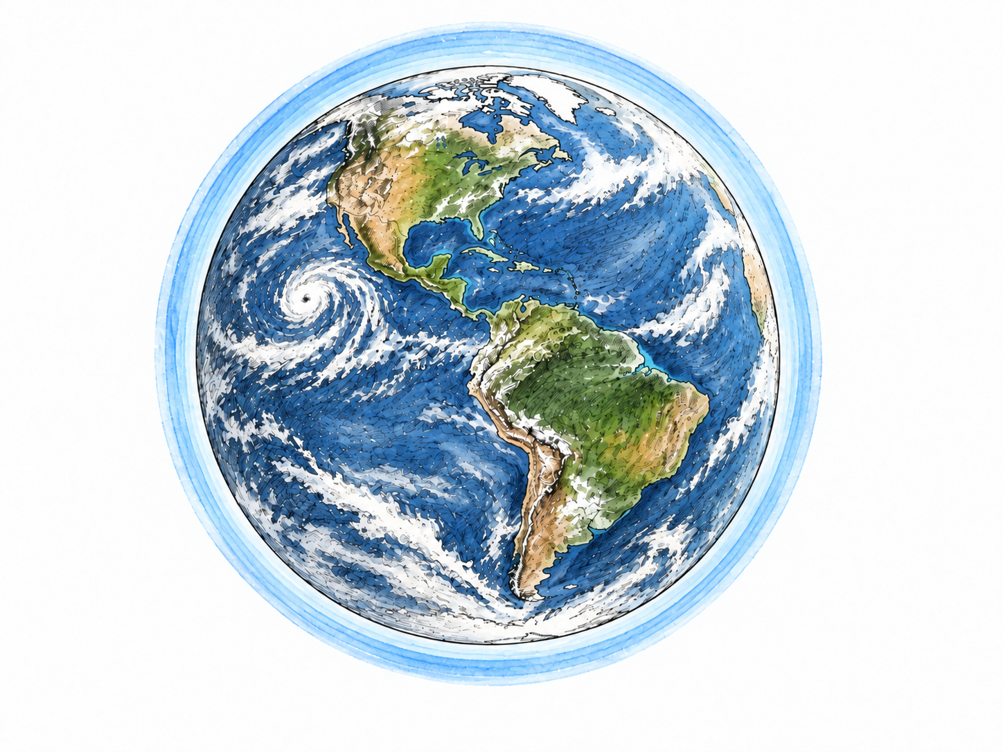 Educational space view of Earth surrounded by a thin pale blue gaseous halo, curvature and layered wispy air evident; hand-drawn planet against restrained navy watercolor.