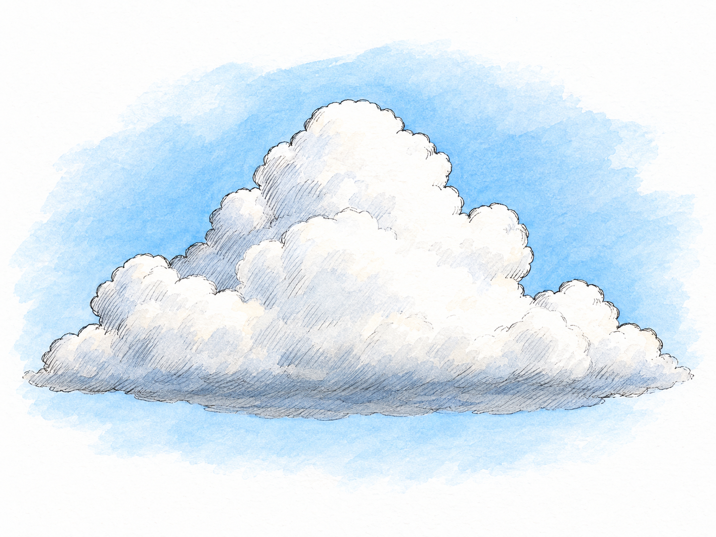 One fair-weather cumulus cloud with bright rounded, cottony lobes rising above a clearly horizontal, flat gray-white base.